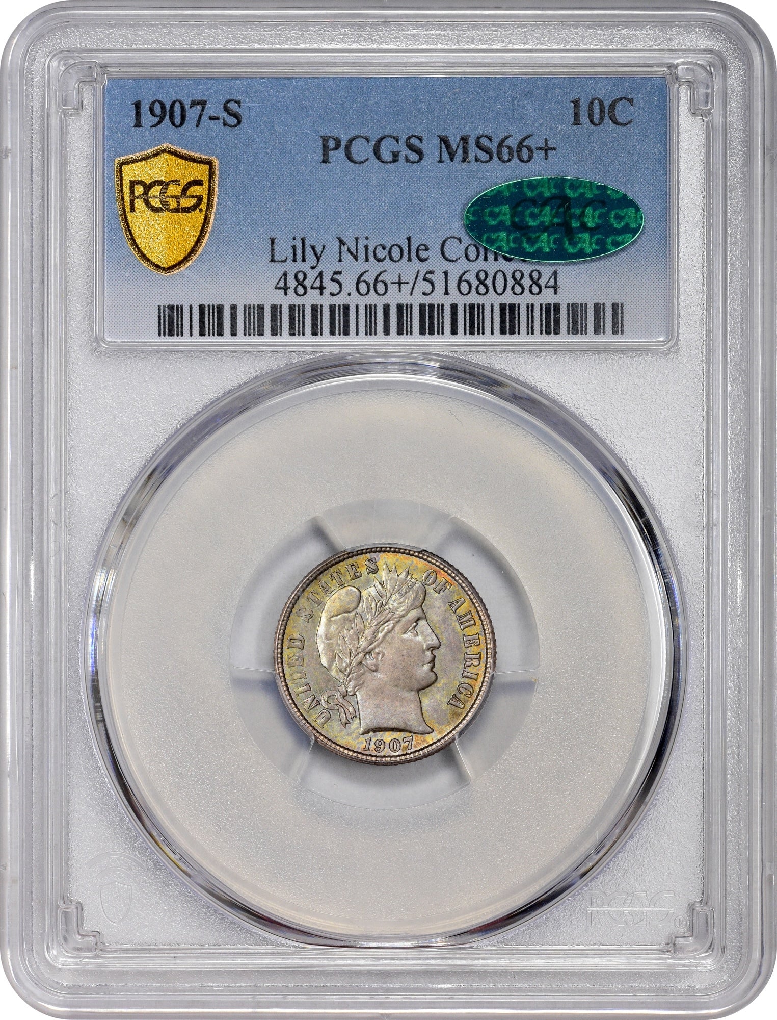 1907-S 10C MS66 + PCGS CAC EX LILY NICOLE COLLECTION