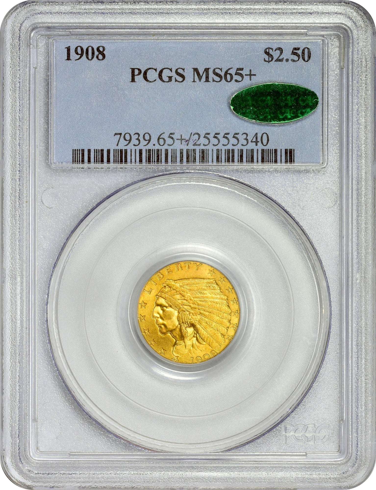 1908 $2.5 Ms65 + Pcgs Cac