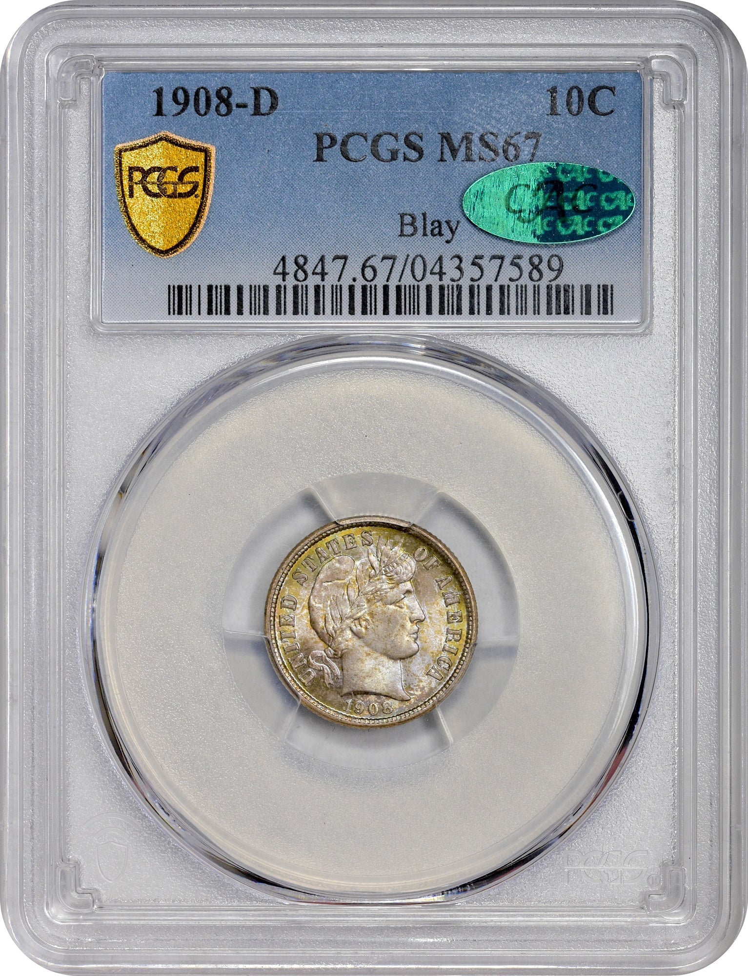 1908-D 10C MS67 PCGS CAC EX BLAY 10C