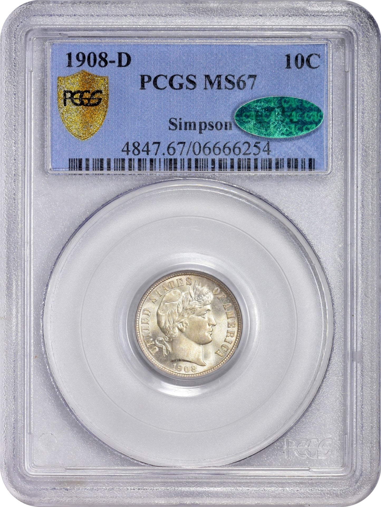 1908-D 10C MS67 PCGS CAC EX SIMPSON