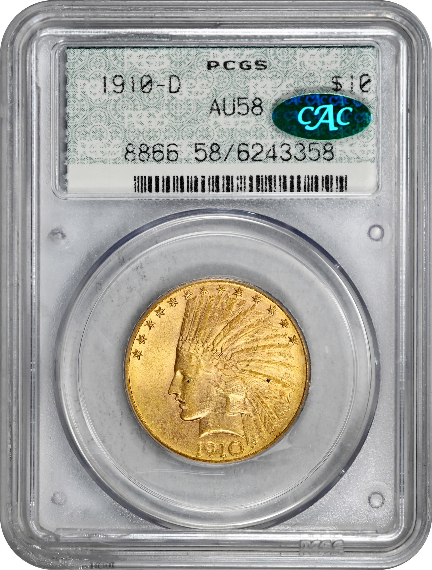 1910-D $10 AU58 DOILY OGH PCGS CAC HOLDER WITH GREEN CAC STICKER