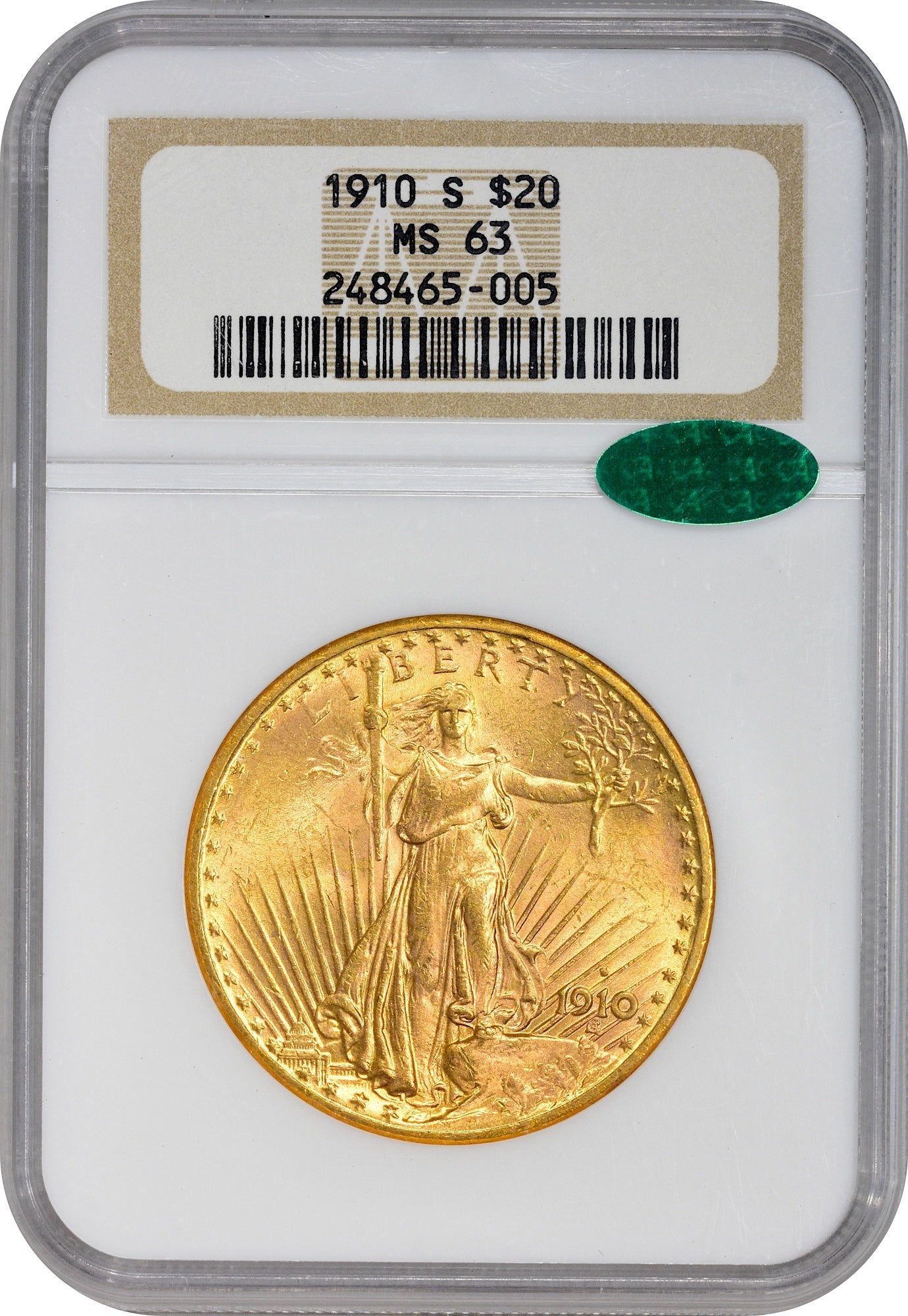 1910-S $20 Ms63 Ngc Cac HOLDER WITH CAC STICKER
