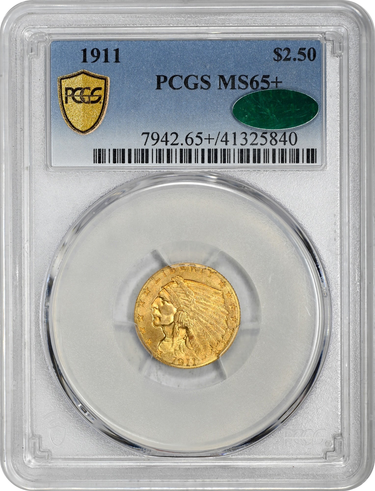 1911 $2.5 MS65+ PCGS CAC HOLDER
