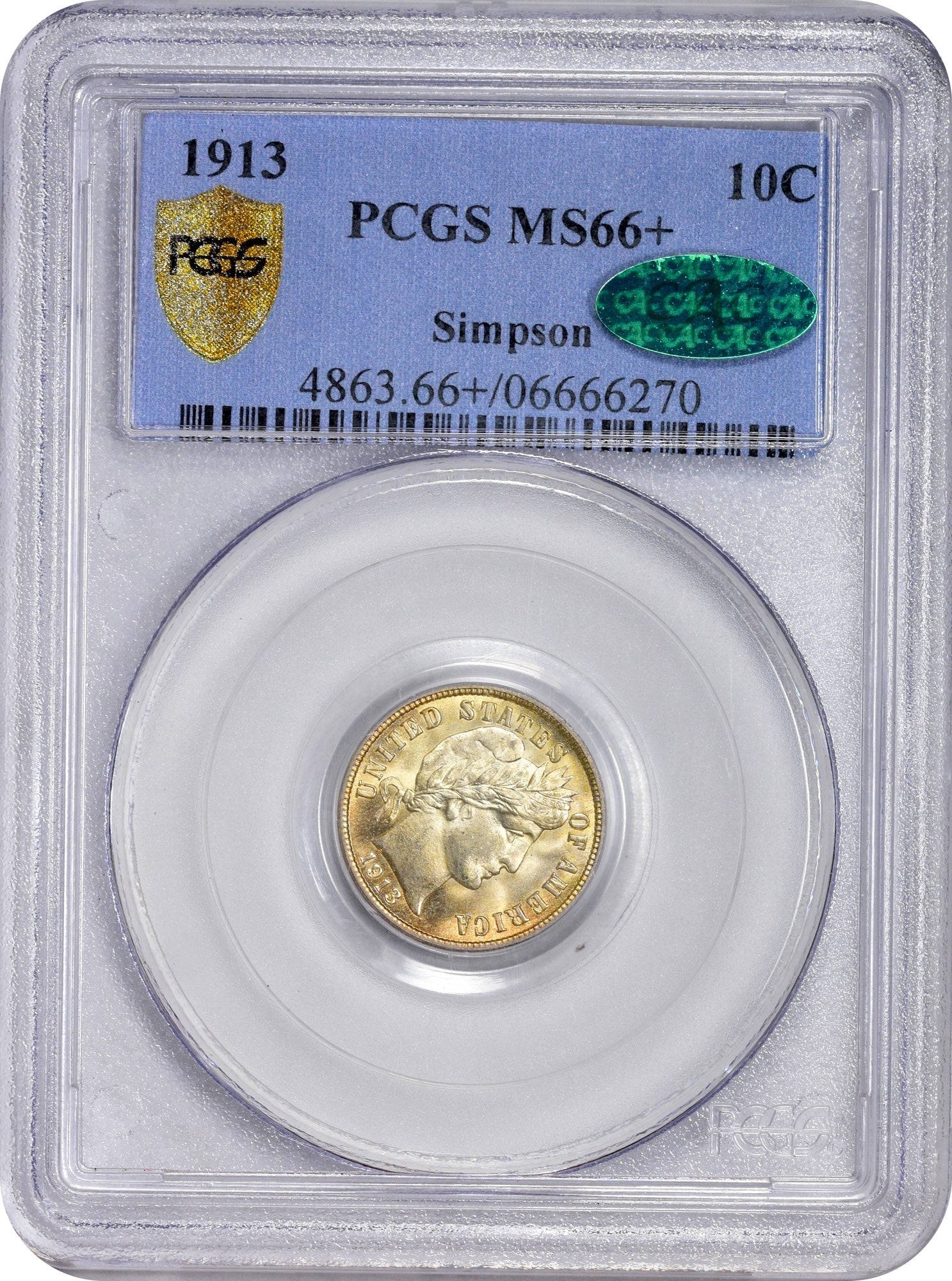 1913 10C MS66 + PCGS CAC EX SIMPSON 10C