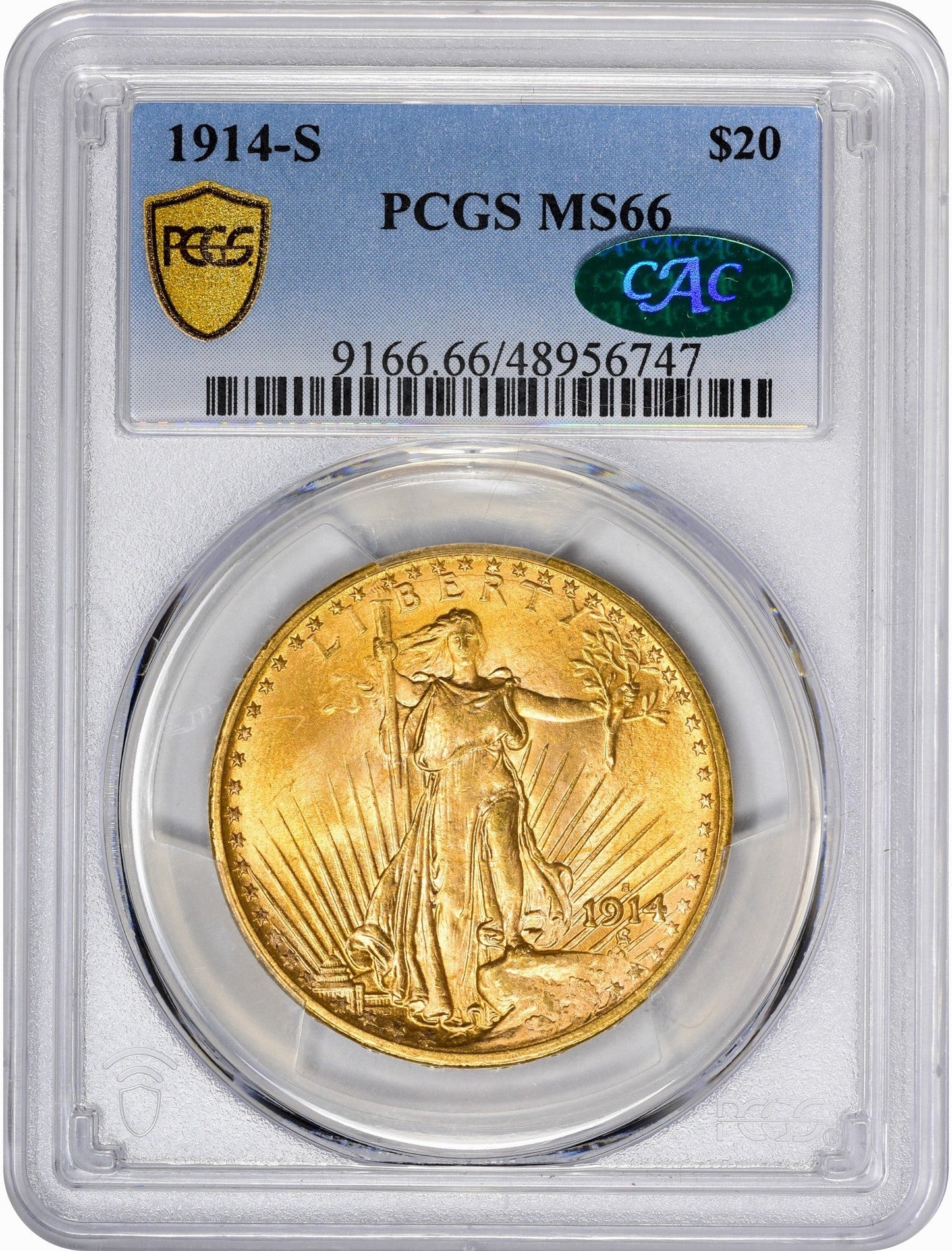 1914-S $20 MS66 PCGS CAC HOLDER WITH CAC STICKER