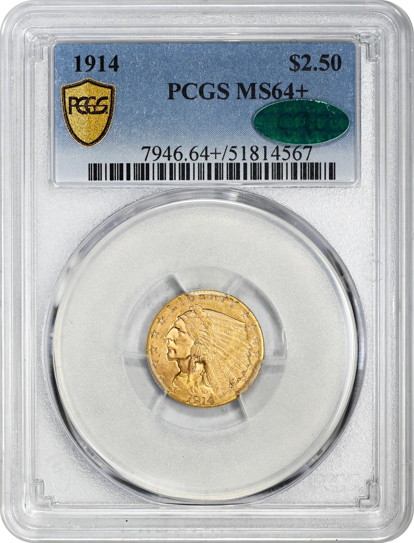 1914 $2.5 MS64+ PCGS CAC HOLDER WITH GREEN CAC STICKER