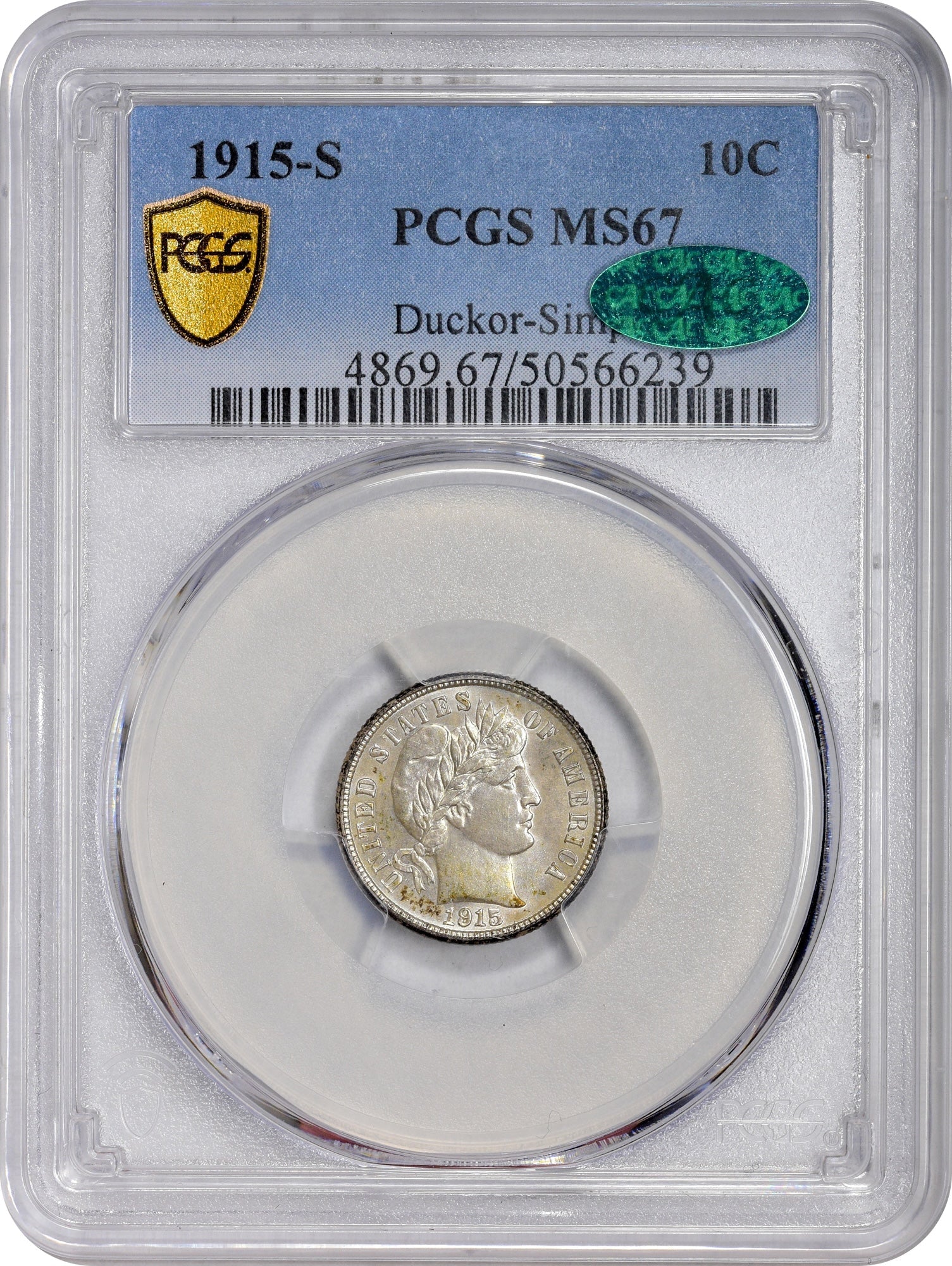 1915-S 10C MS67 PCGS CAC EX DUCKOR-SIMPSON 10C