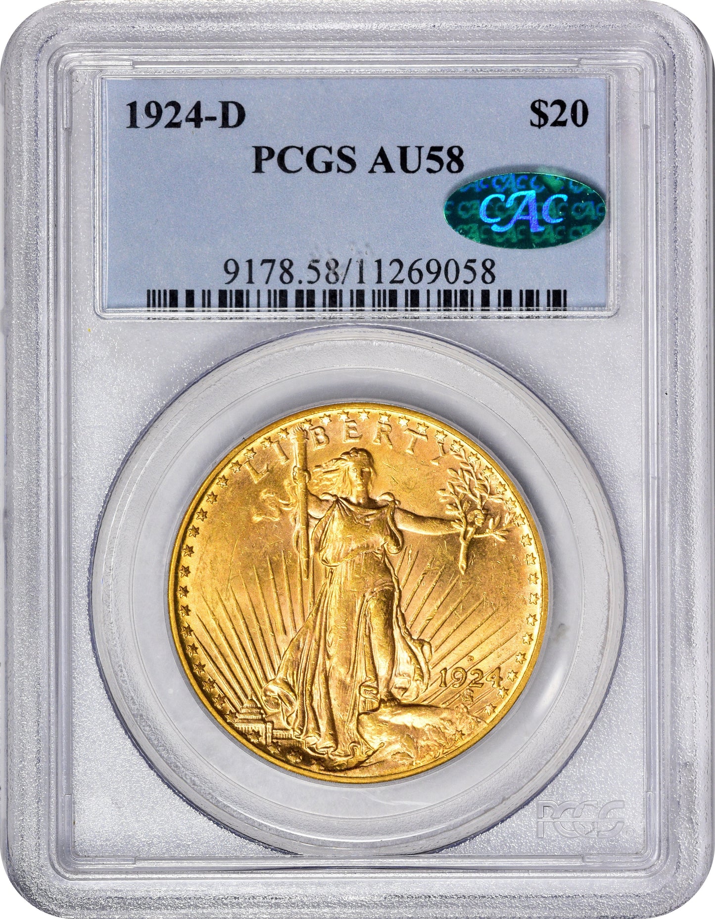 1924-D $20 AU58 PCGS CAC HOLDER WITH CAC STICKER