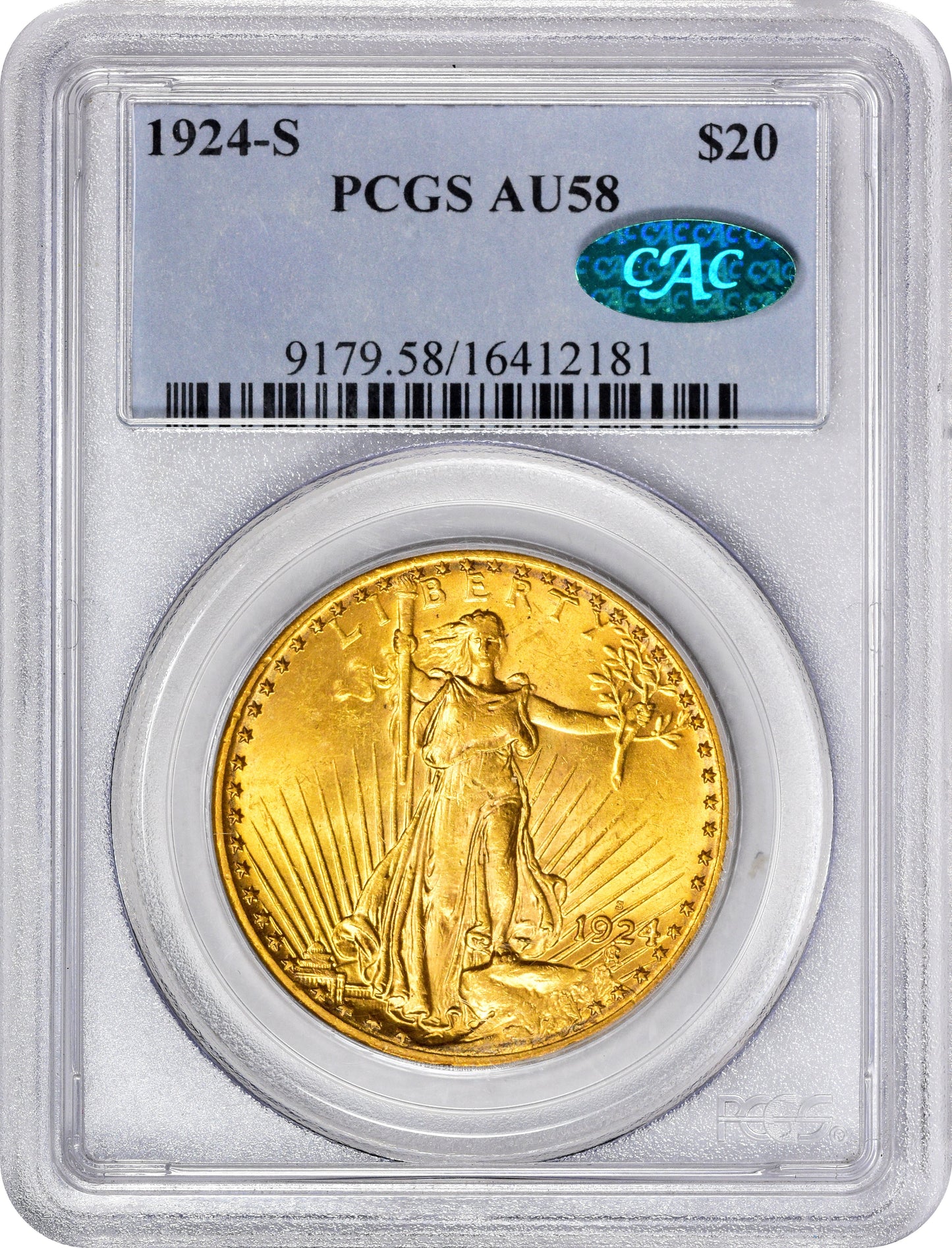 1924-S $20 AU58 PCGS CAC HOLDER WITH CAC STICKER