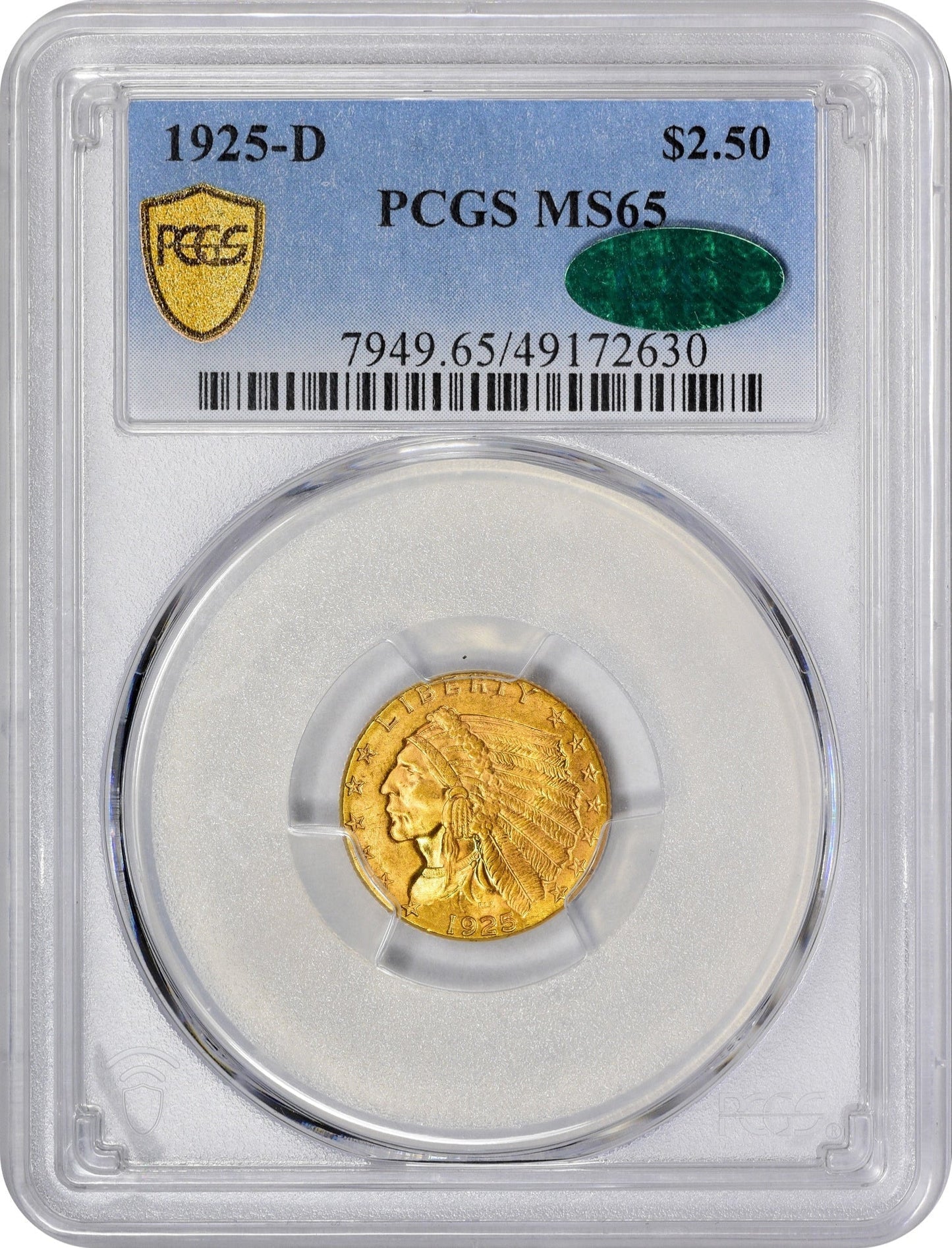 1925-D $2.5 Ms65 Pcgs Cac HOLDER WITH CAC STICKER