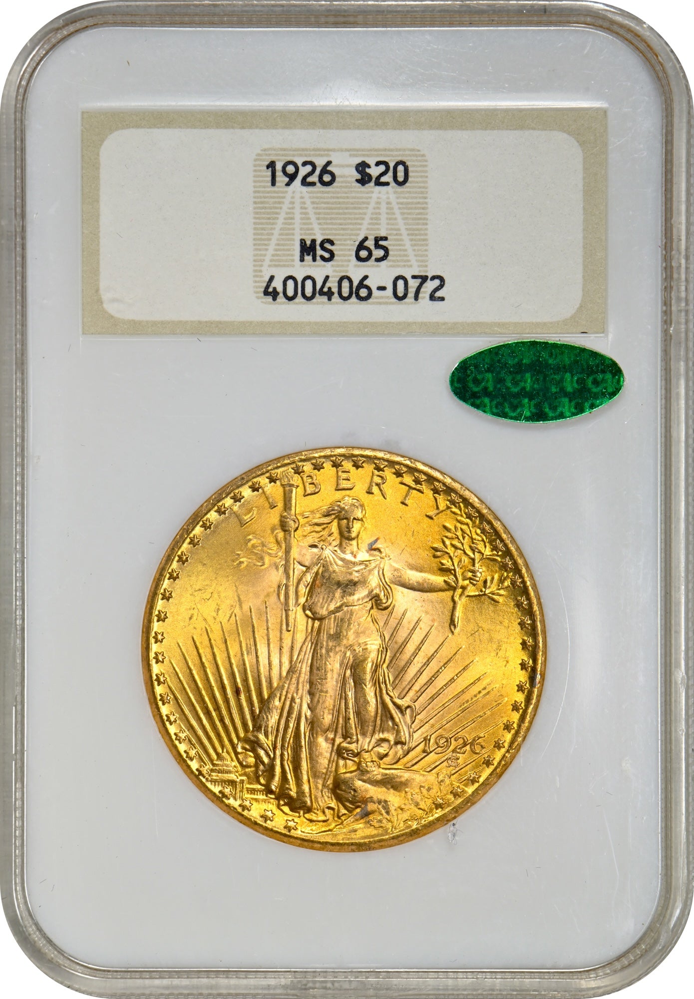 1926 $20 MS65 OH NGC CAC HOLDER WITH GREEN CAC STICKER