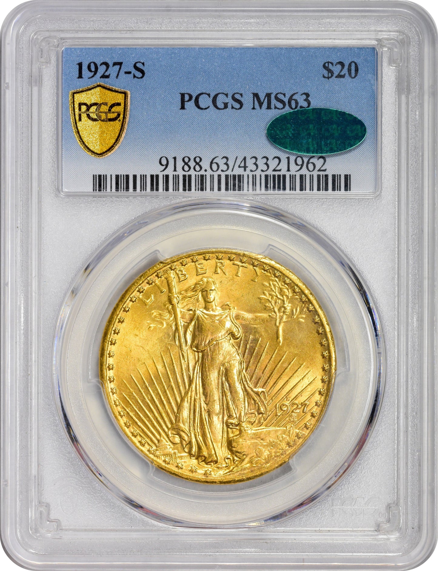 1927-S $20 MS63 PCGS CAC HOLDER WITH CAC GREEN STICKER