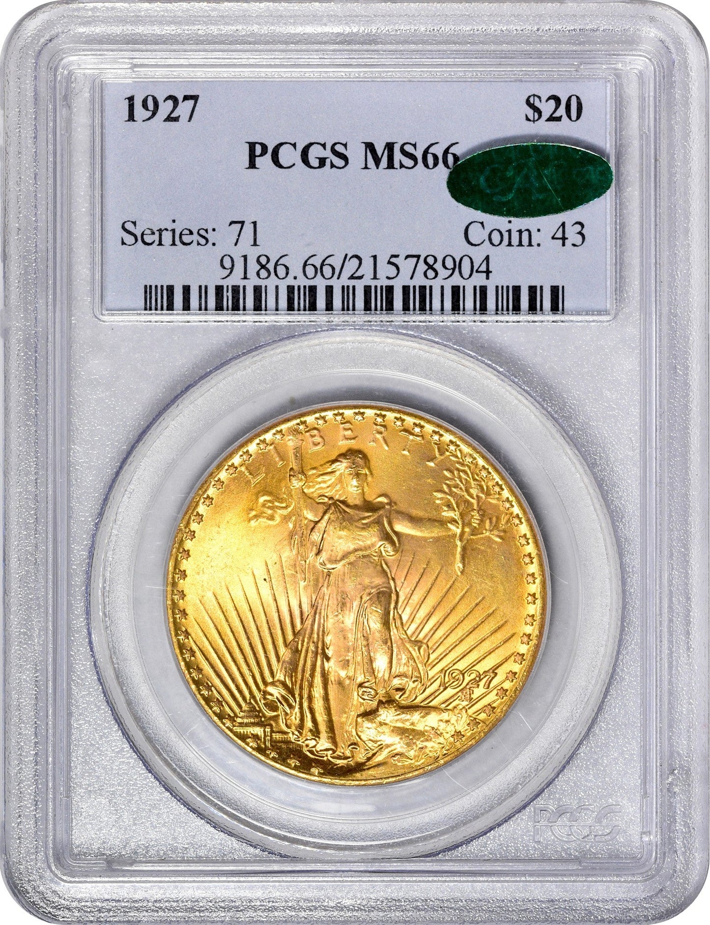 1927 $20 MS66 PCGS CAC HOLDER WITH CAC STICKER