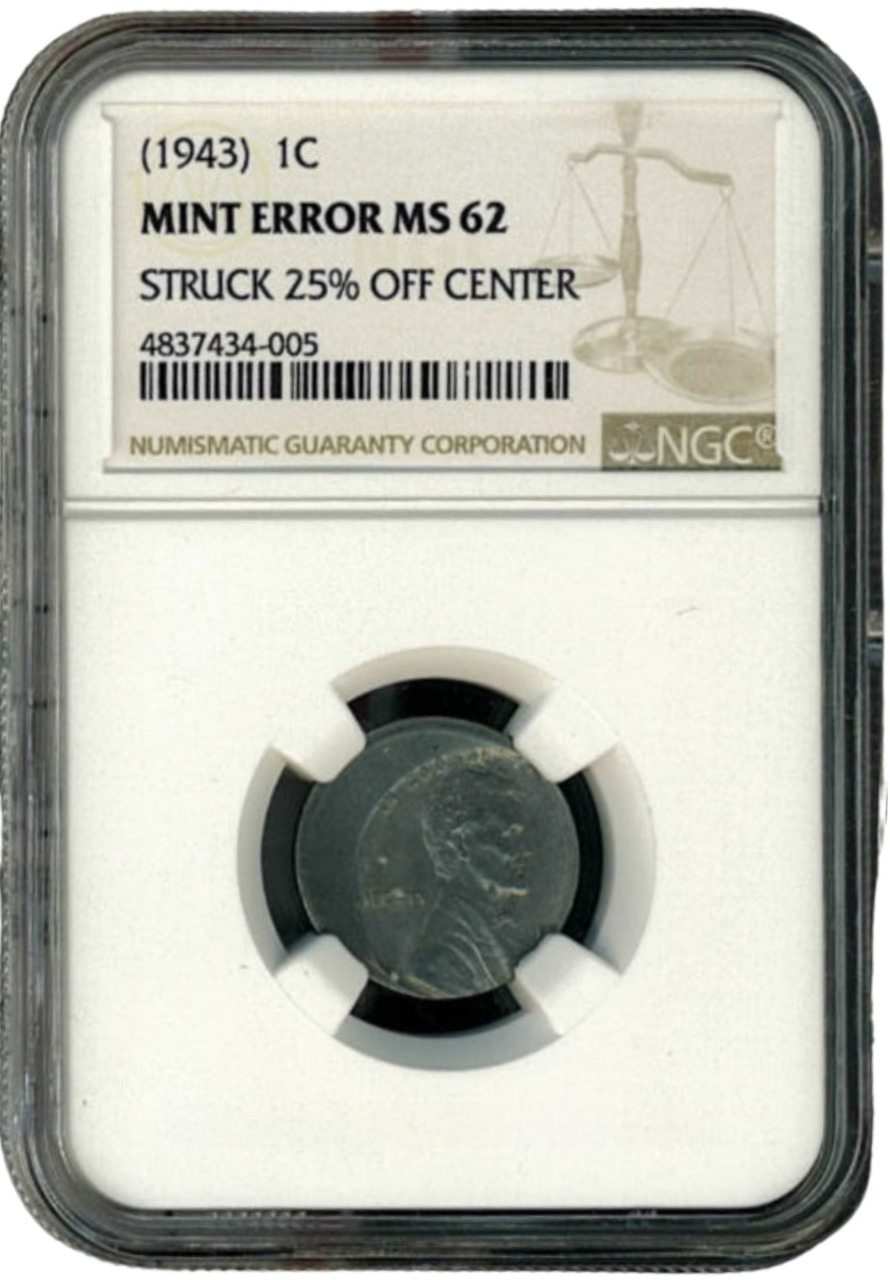 1943 1C MS62 STRUCK 25% OFF CENTER NGC ERROR - Paradime Coins | PCGS NGC CACG CAC Rare US Numismatic Coins For Sale