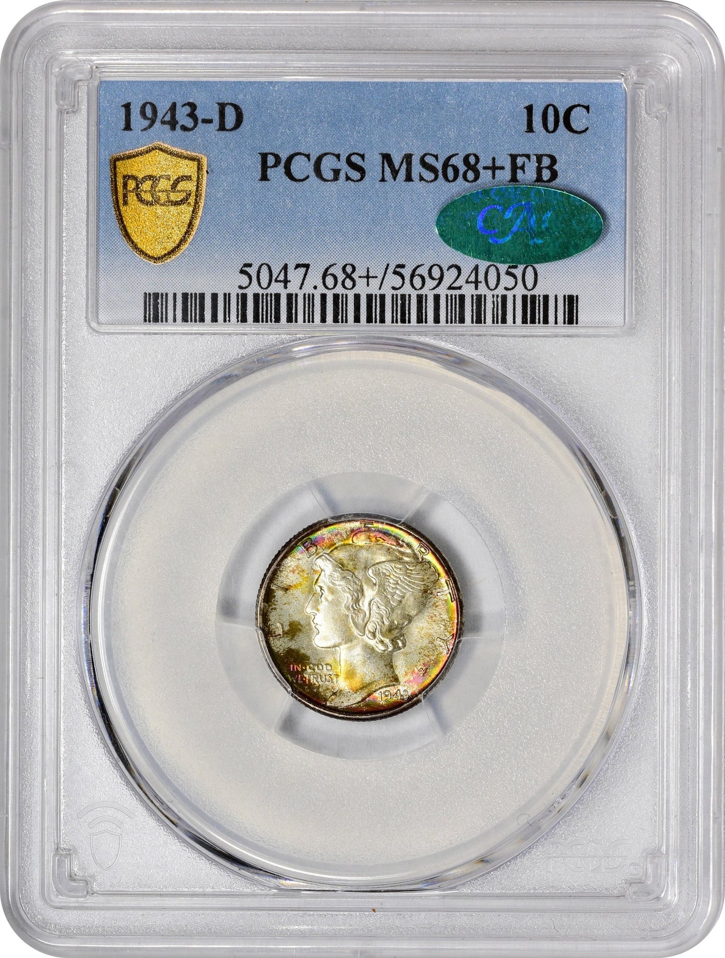 1943 D 10C MS68+ FB PCGS CAC 10C HOLDER WITH CAC GREEN STICKER
