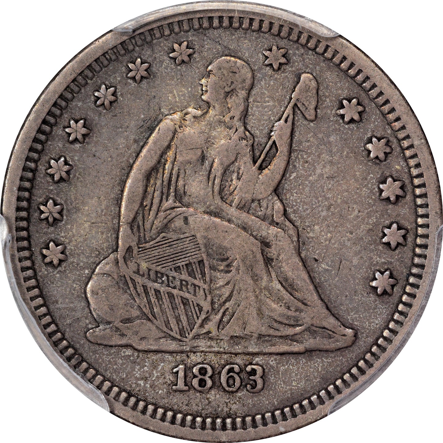 1863 25C VF30 PCGS CAC