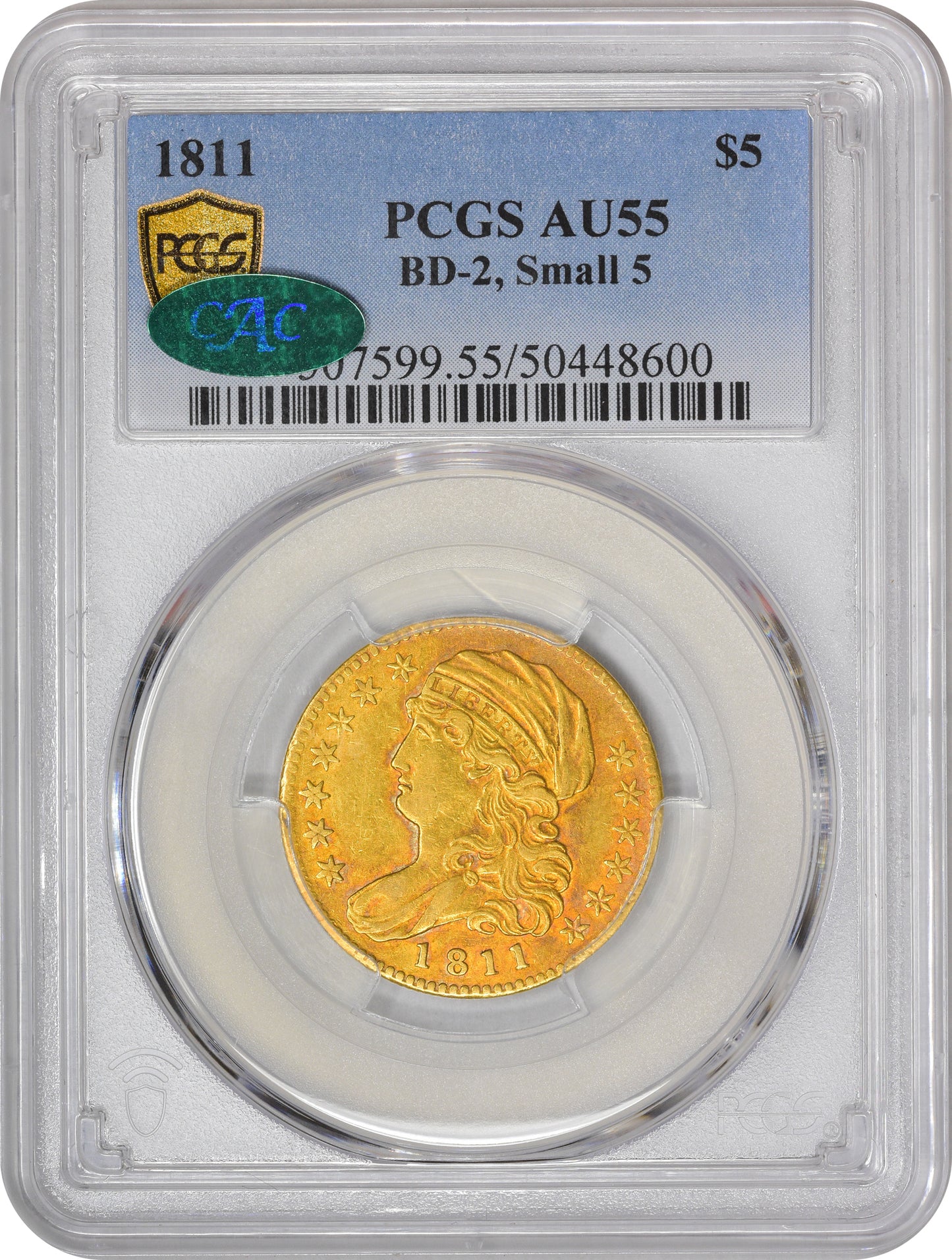 1811 $5 SMALL 5 AU55 PCGS CAC
