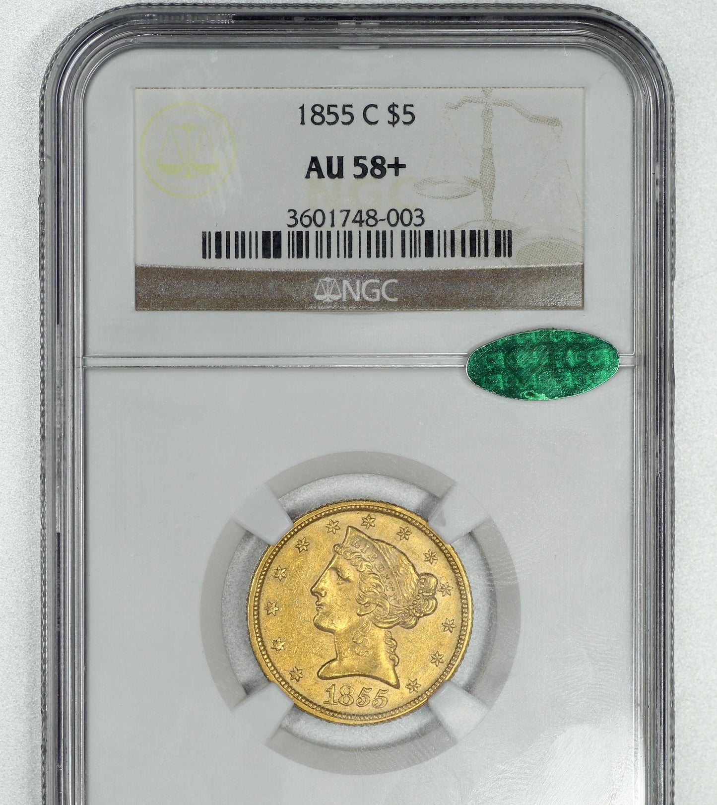 1855-C $5 AU58+ NGC CAC