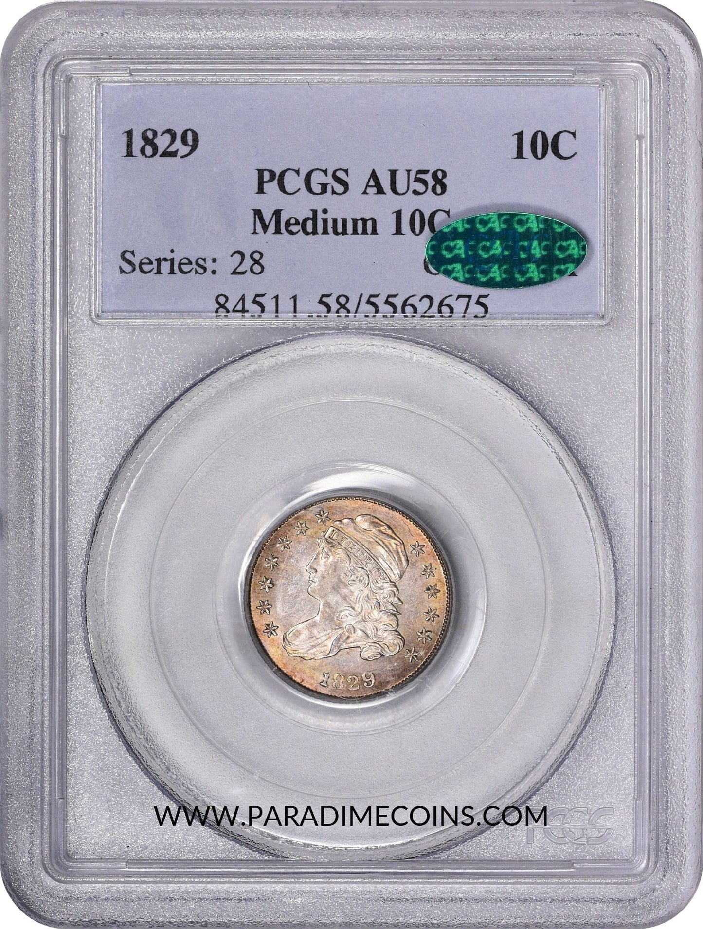 1829 10C MEDIUM JR-11 AU58 PCGS CAC - Paradime Coins | PCGS NGC CACG CAC Rare US Numismatic Coins For Sale