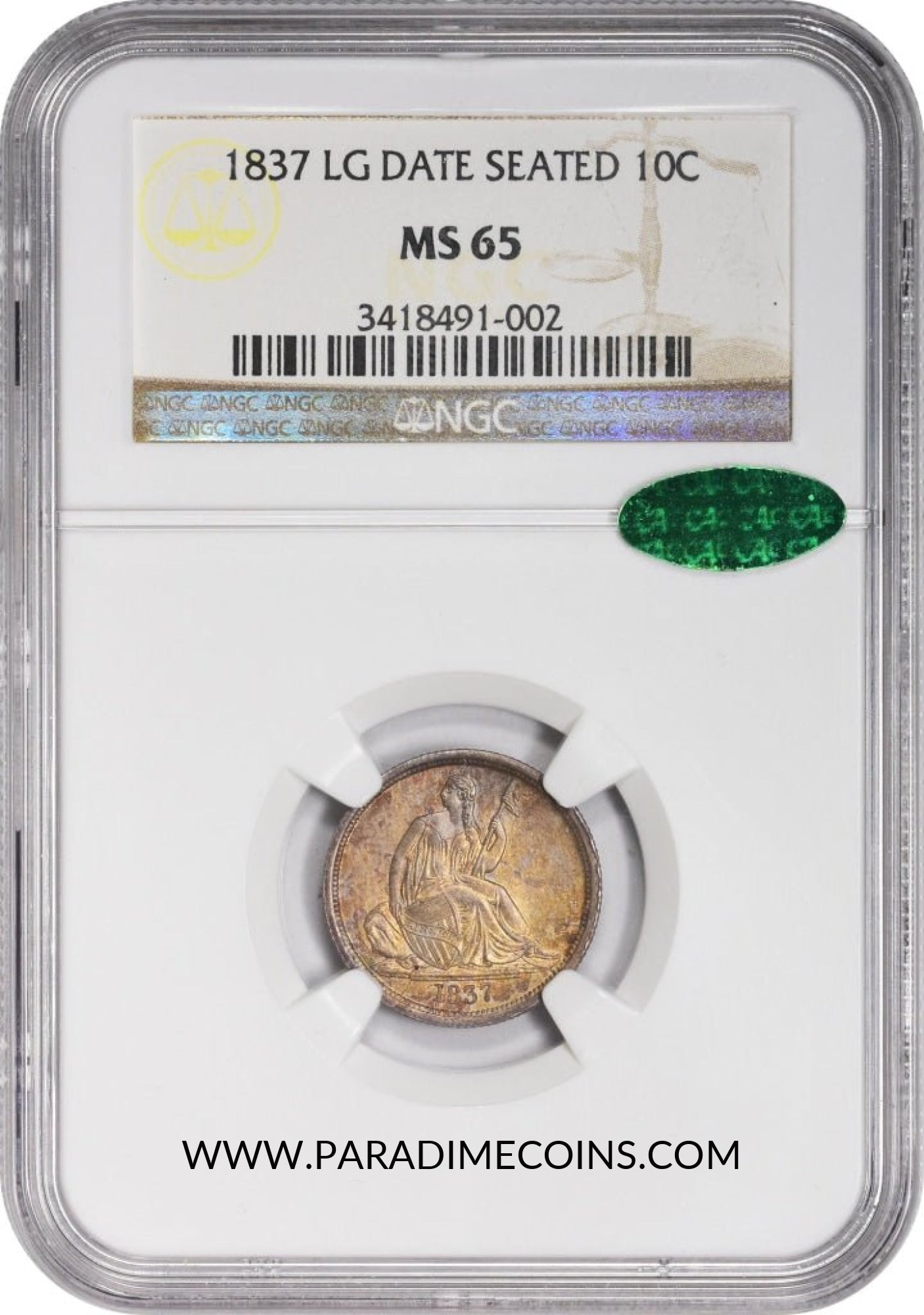 1837 10C NO STARS LARGE DATE MS65 NGC CAC - Paradime Coins | PCGS NGC CACG CAC Rare US Numismatic Coins For Sale