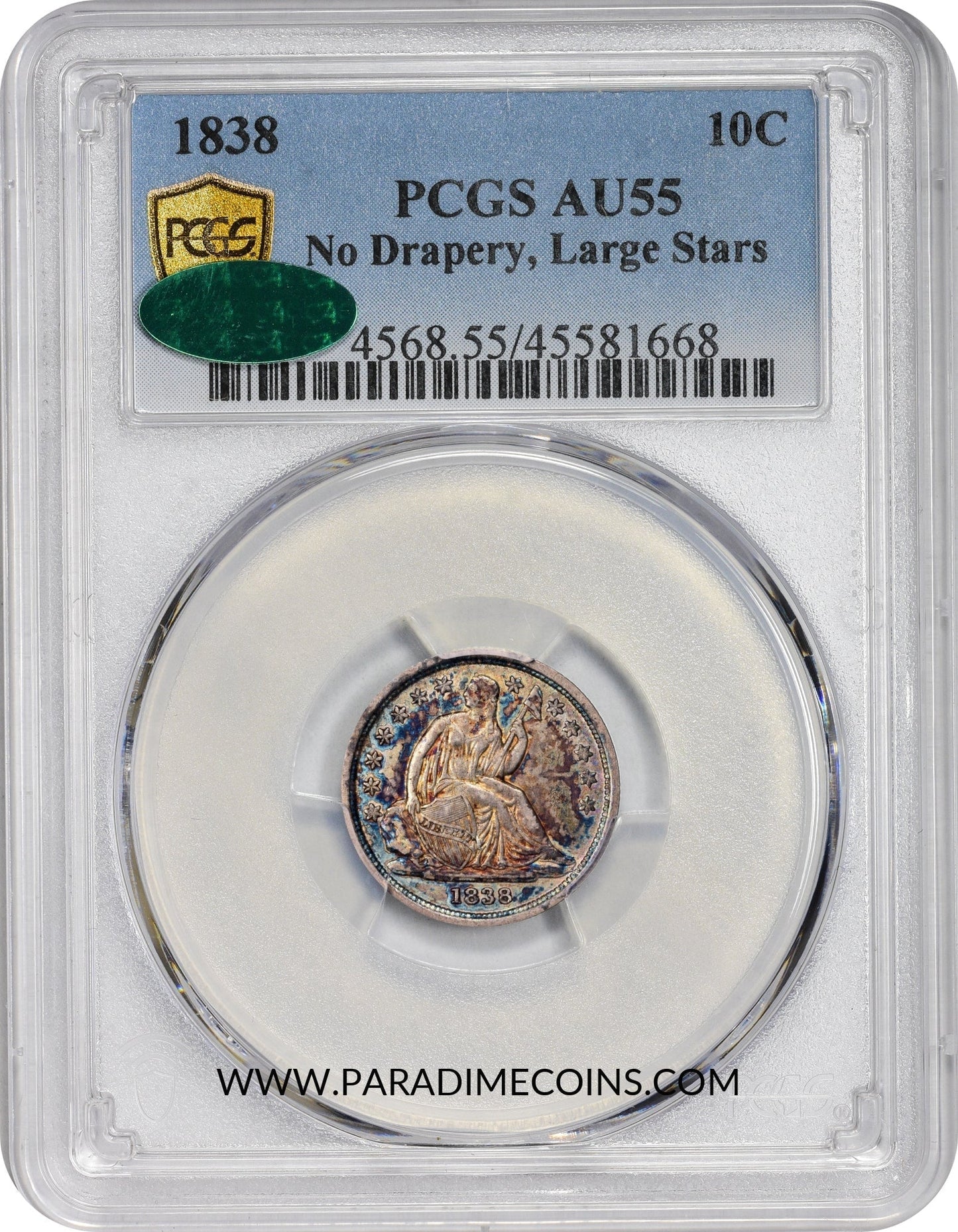 1838 10C NO DRAPERY LARGE STARS AU55 PCGS CAC - Paradime Coins | PCGS NGC CACG CAC Rare US Numismatic Coins For Sale