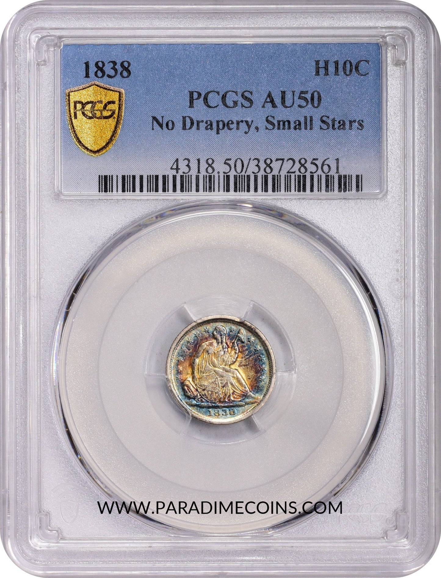 1838 H10C NO DRAPERY SM STARS AU50 PCGS - Paradime Coins | PCGS NGC CACG CAC Rare US Numismatic Coins For Sale