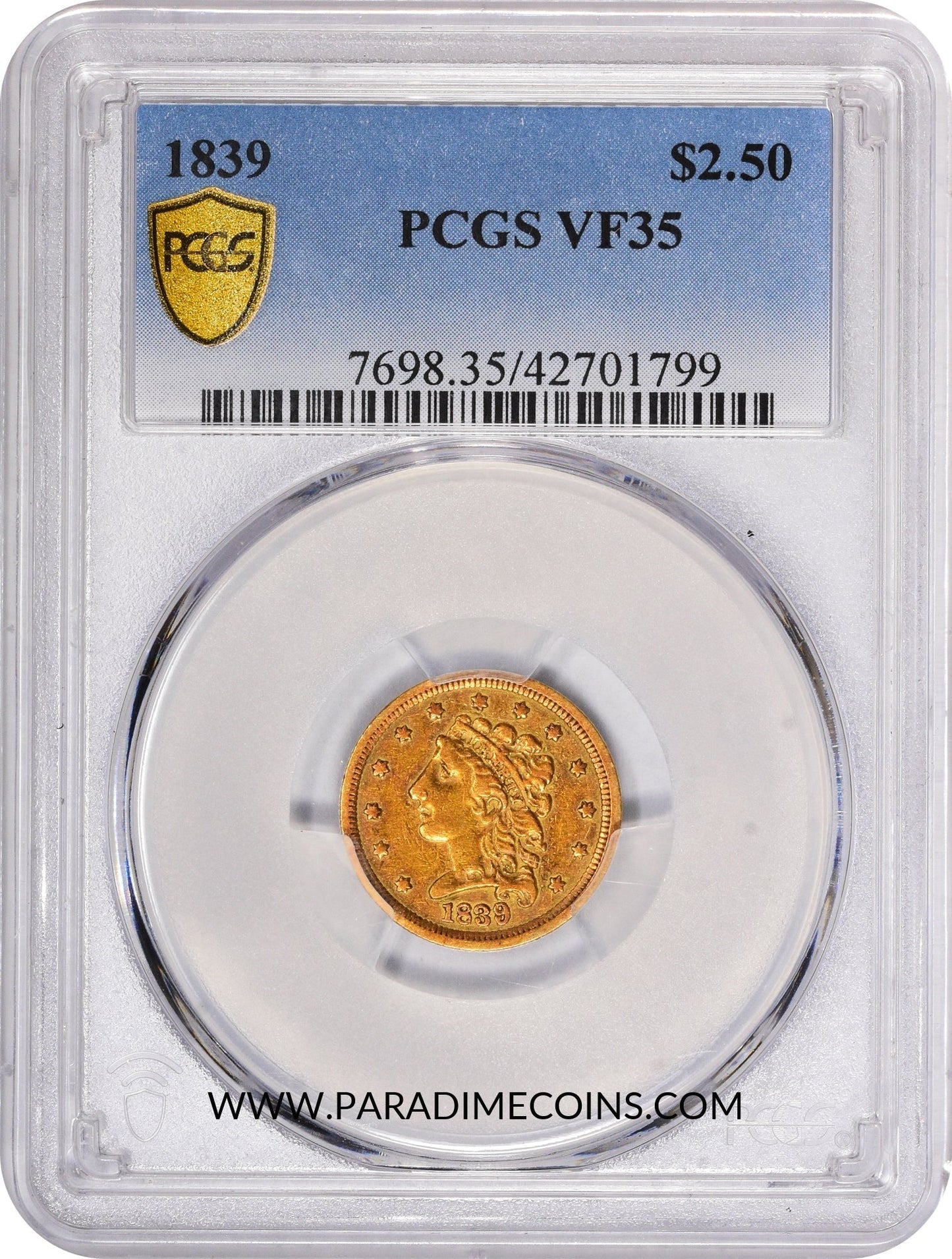 1839 $2.5 VF35 PCGS - Paradime Coins | PCGS NGC CACG CAC Rare US Numismatic Coins For Sale