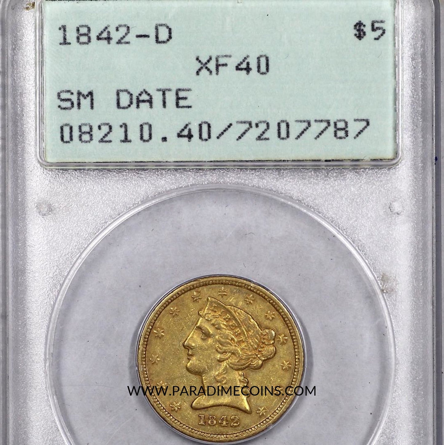 1842-D $5 SMALL DATE XF40 OGH PCGS - Paradime Coins | PCGS NGC CACG CAC Rare US Numismatic Coins For Sale