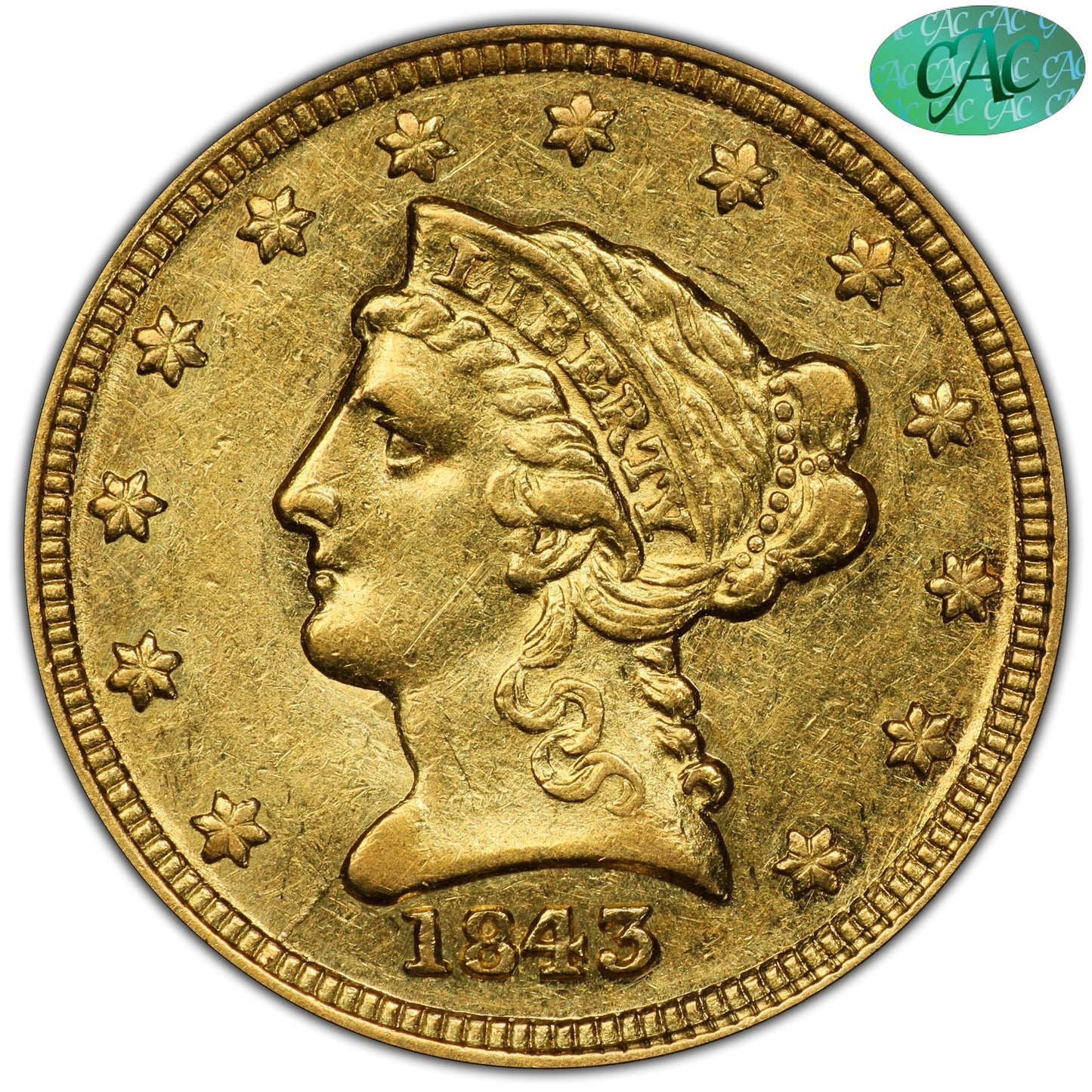 1843-C $2.5 SMALL DATE AU58 PCGS CAC - Paradime Coins | PCGS NGC CACG CAC Rare US Numismatic Coins For Sale