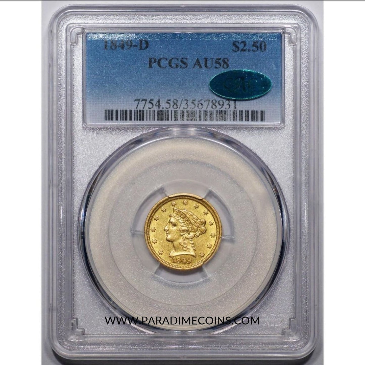 1849-D $2.5 AU58 PCGS CAC - Paradime Coins | PCGS NGC CACG CAC Rare US Numismatic Coins For Sale