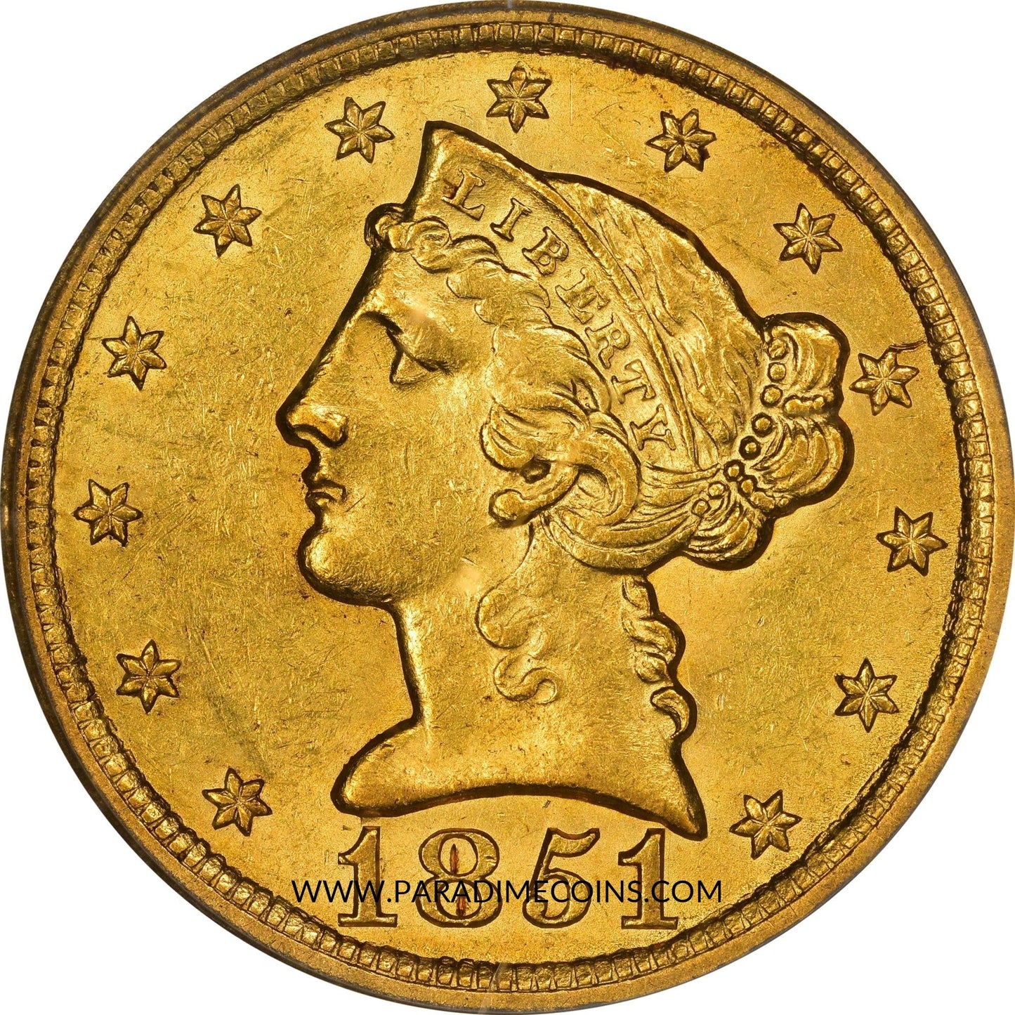 1851-O $5 AU58 PCGS CAC EX BASS - Paradime Coins | PCGS NGC CACG CAC Rare US Numismatic Coins For Sale