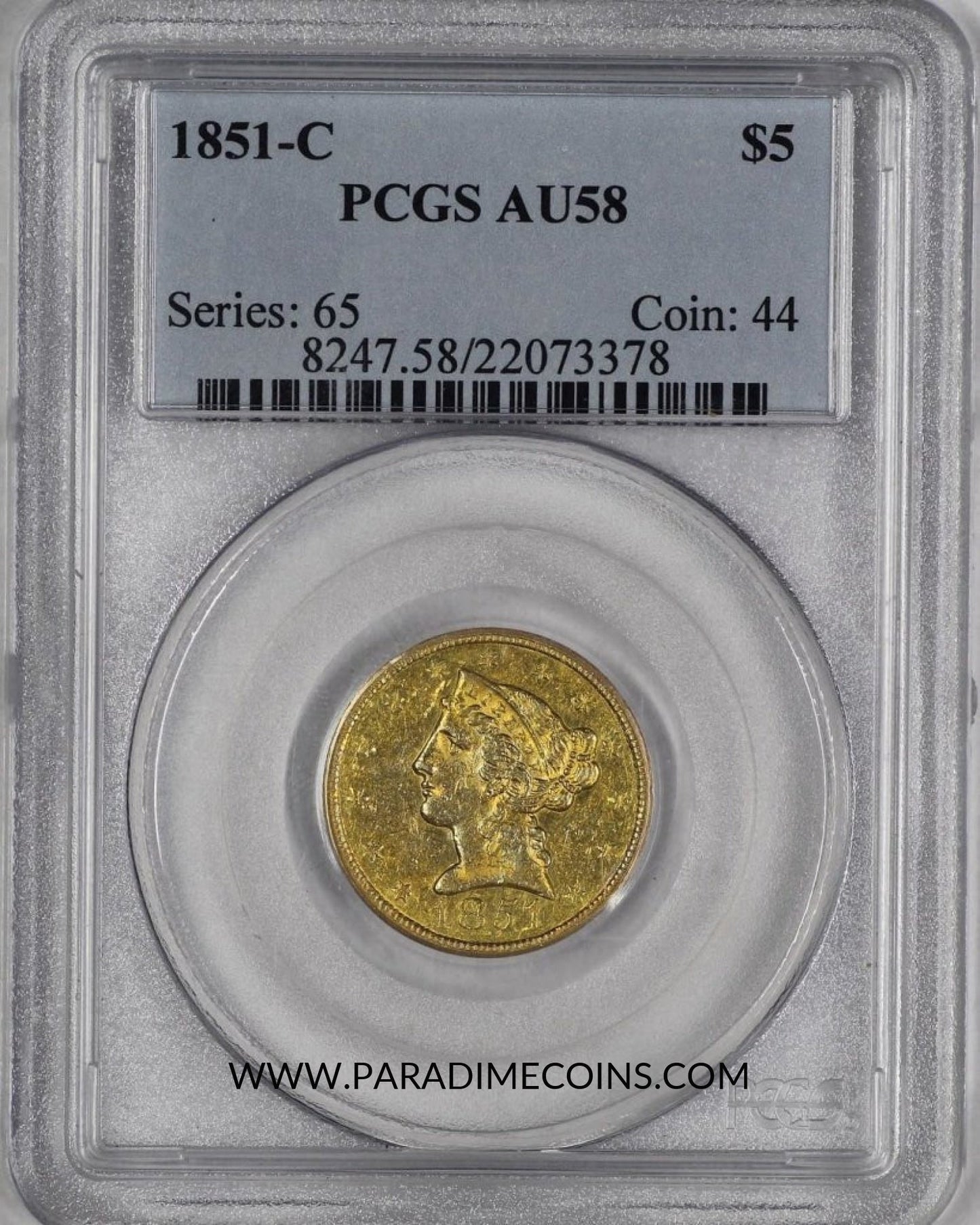 1851-C $5 AU58 PCGS - Paradime Coins | PCGS NGC CACG CAC Rare US Numismatic Coins For Sale