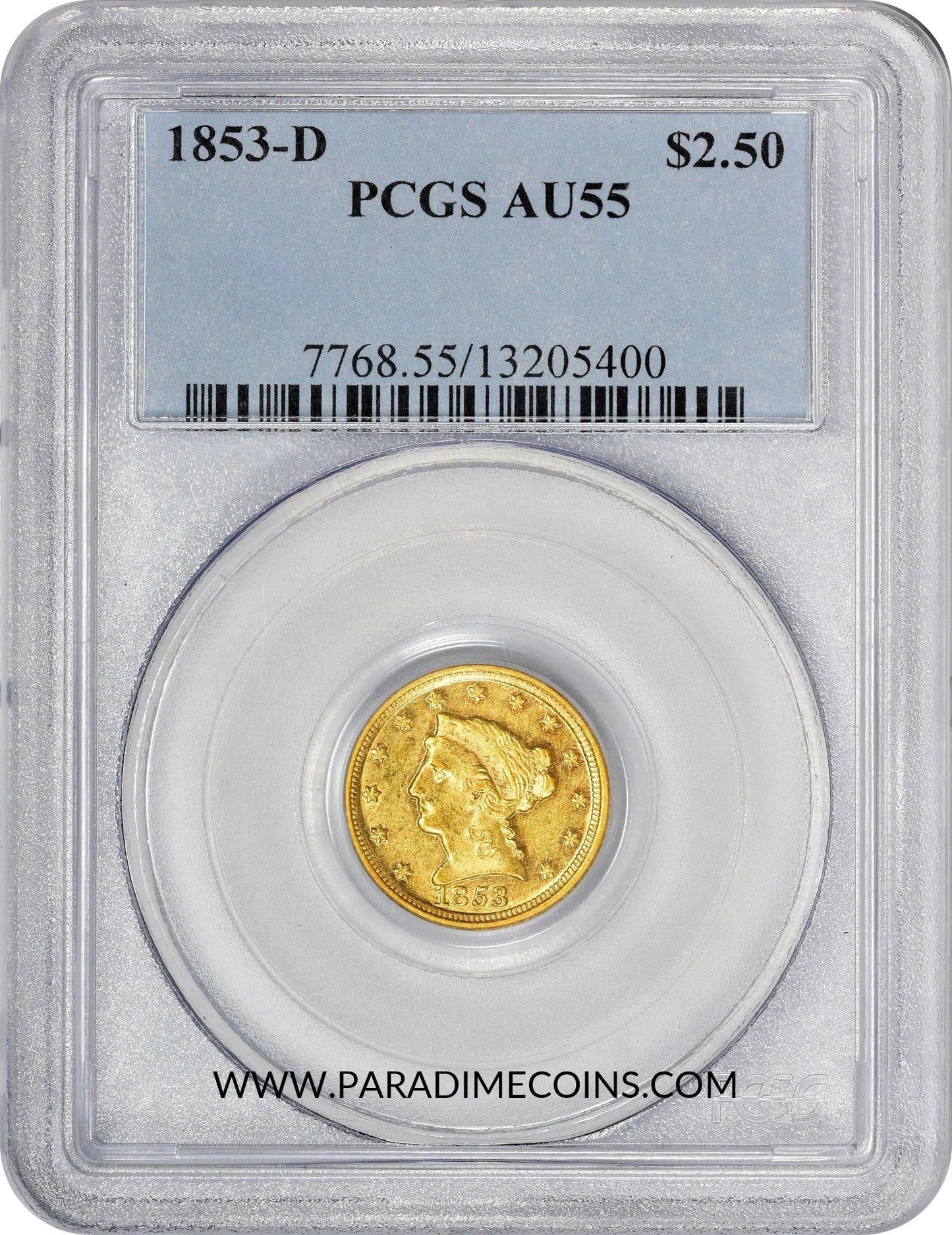 1853-D $2.5 AU55 PCGS - Paradime Coins | PCGS NGC CACG CAC Rare US Numismatic Coins For Sale