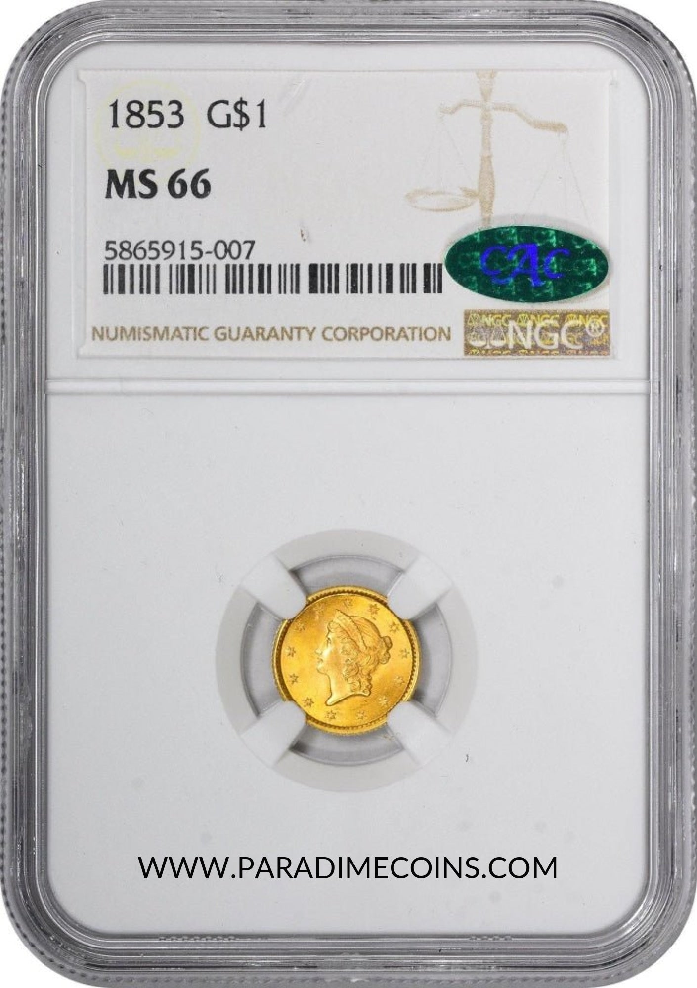 1853 G$1 MS66 NGC CAC - Paradime Coins | PCGS NGC CACG CAC Rare US Numismatic Coins For Sale