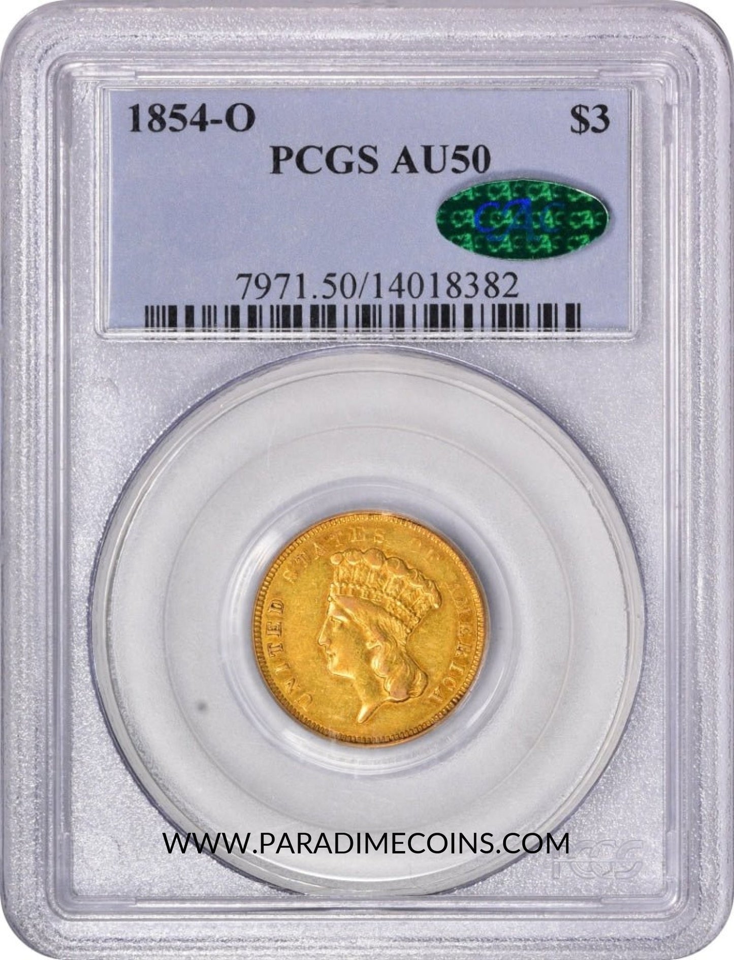 1854-O $3 AU50 PCGS CAC - Paradime Coins | PCGS NGC CACG CAC Rare US Numismatic Coins For Sale