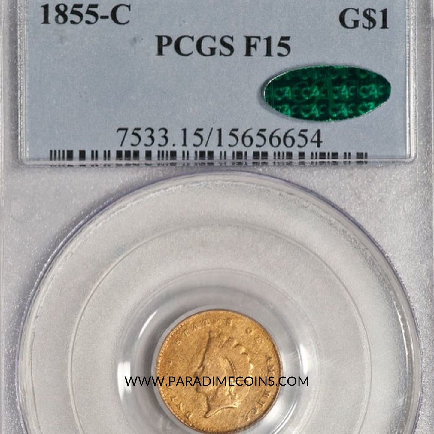 1855-S G$1 F15 PCGS CAC - Paradime Coins | PCGS NGC CACG CAC Rare US Numismatic Coins For Sale