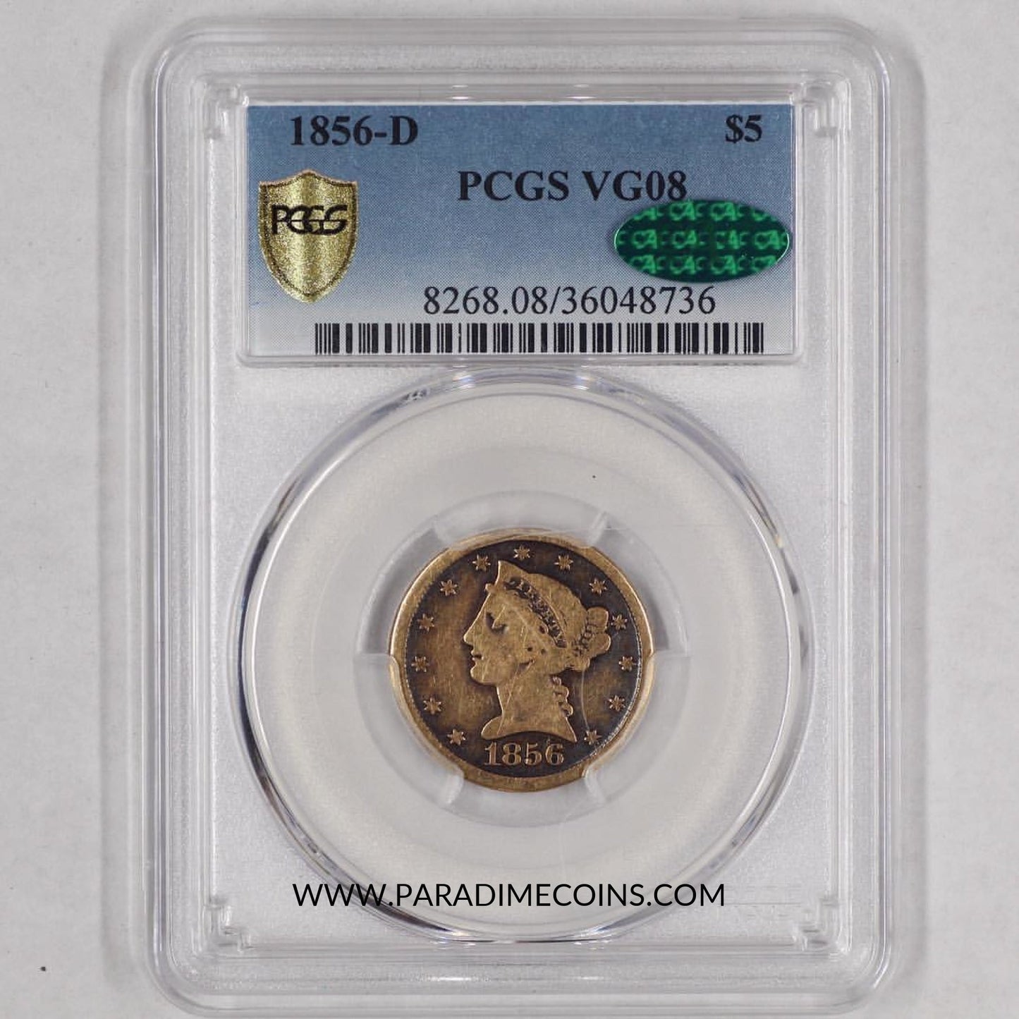 1856-D $5 VG08 PCGS CAC - Paradime Coins | PCGS NGC CACG CAC Rare US Numismatic Coins For Sale