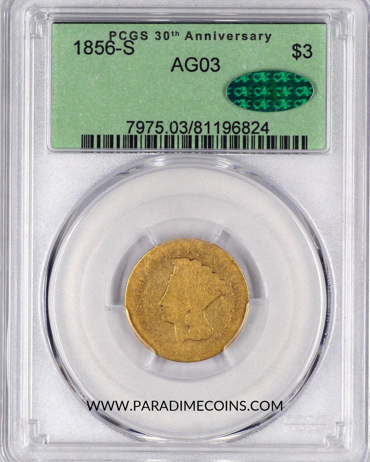 1856-S $3 AG03 PCGS CAC - Paradime Coins | PCGS NGC CACG CAC Rare US Numismatic Coins For Sale
