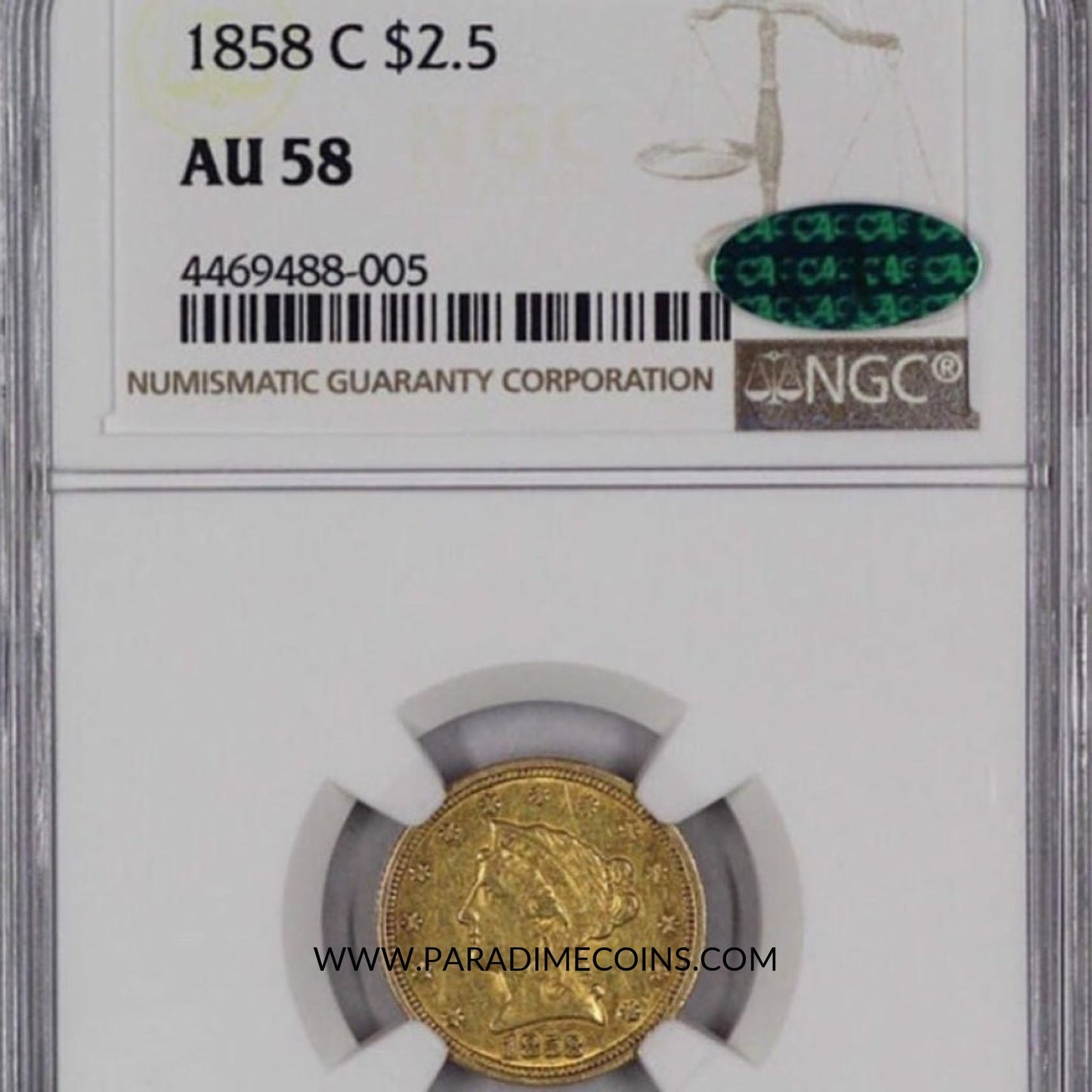 1858-C $2.5 AU58 NGC CAC - Paradime Coins | PCGS NGC CACG CAC Rare US Numismatic Coins For Sale