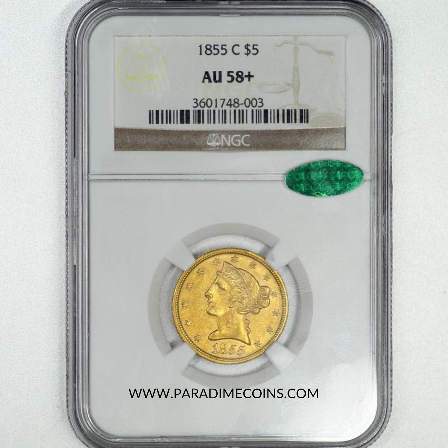 1858-C $5 AU58+ NGC CAC - Paradime Coins | PCGS NGC CACG CAC Rare US Numismatic Coins For Sale
