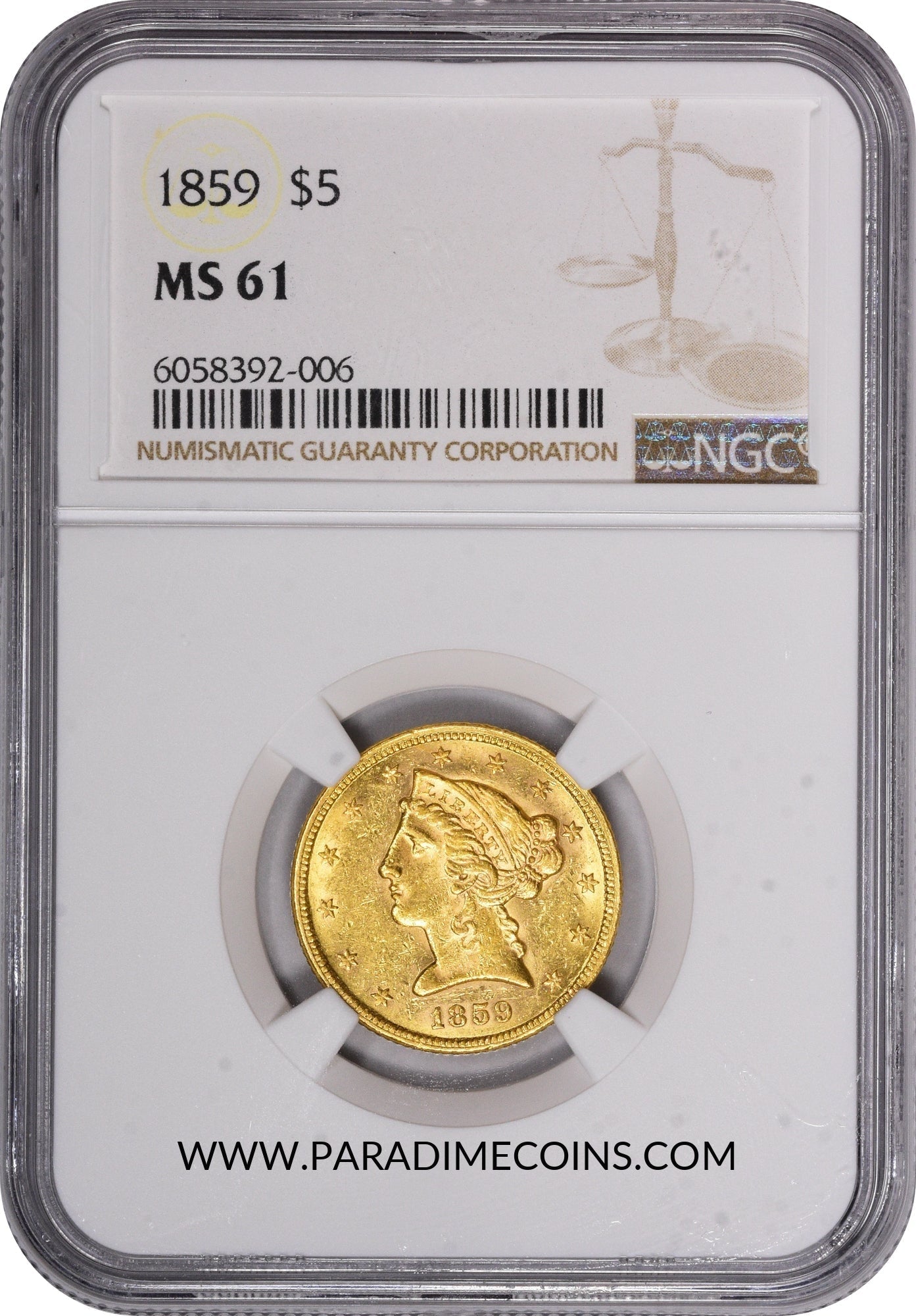 1859 $5 MS61 NGC - Paradime Coins | PCGS NGC CACG CAC Rare US Numismatic Coins For Sale