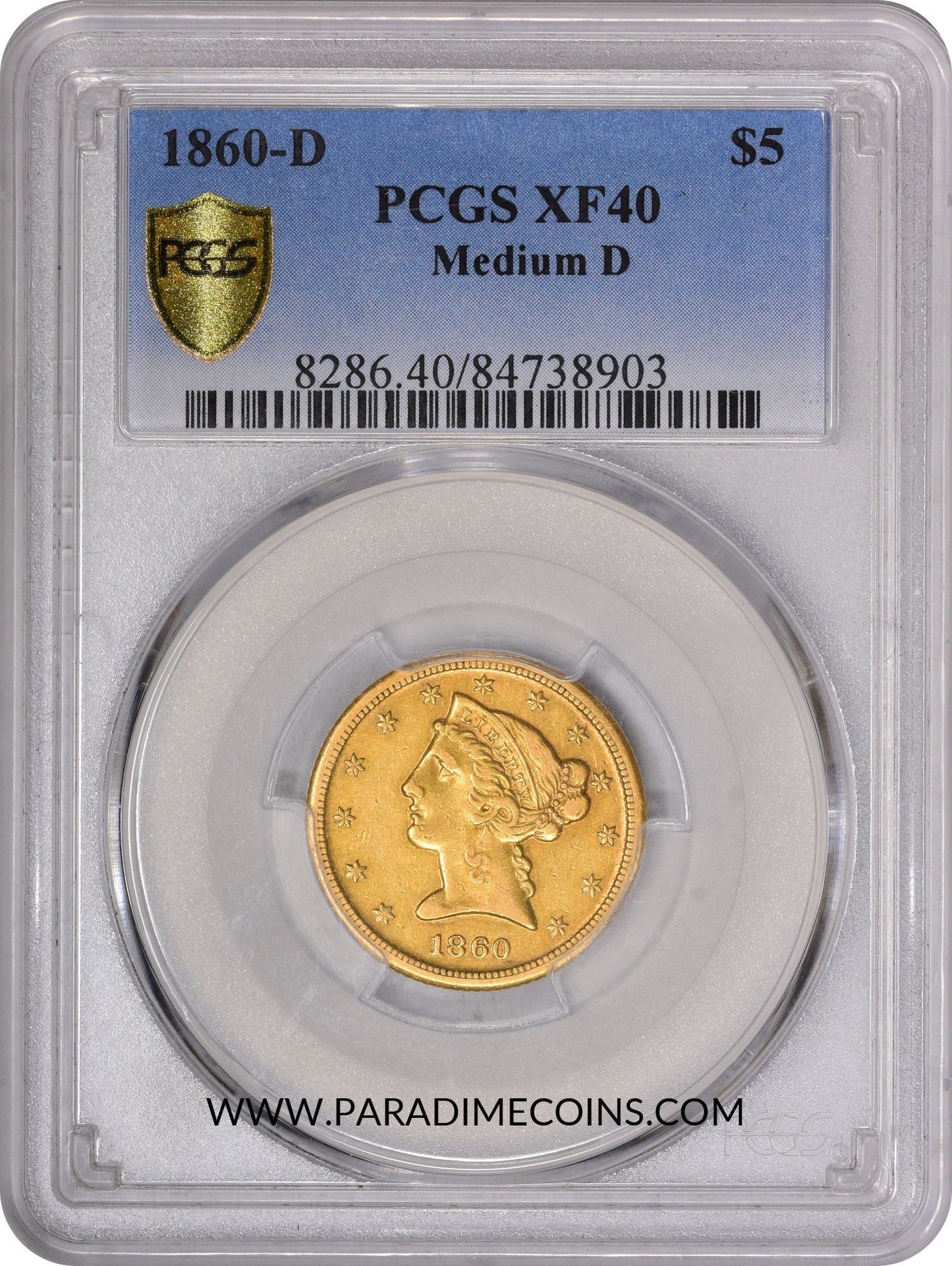 1860-D $5 MEDIUM XF40 PCGS - Paradime Coins | PCGS NGC CACG CAC Rare US Numismatic Coins For Sale