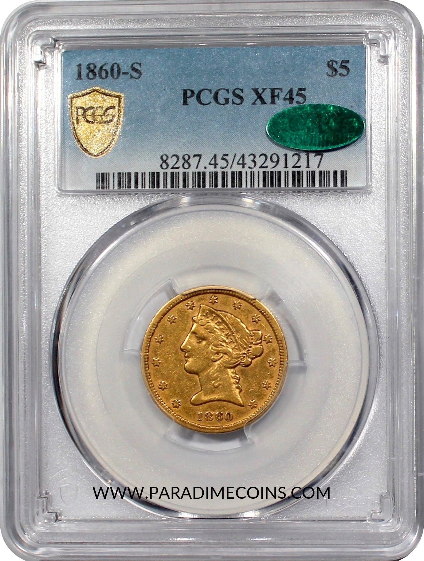 1860-S $5 XF45 PCGS CAC - Paradime Coins | PCGS NGC CACG CAC Rare US Numismatic Coins For Sale