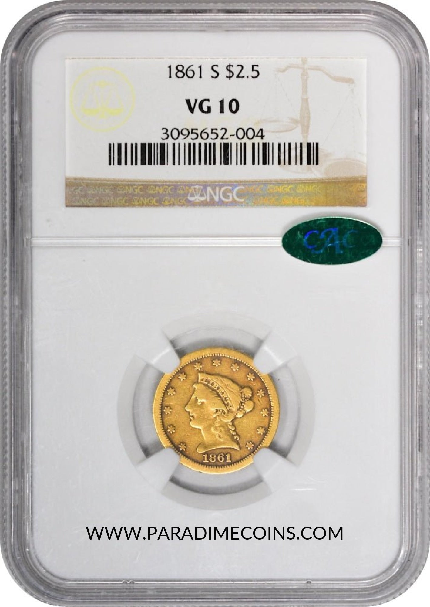 1861-S $2.5 VG10 NGC CAC - Paradime Coins | PCGS NGC CACG CAC Rare US Numismatic Coins For Sale
