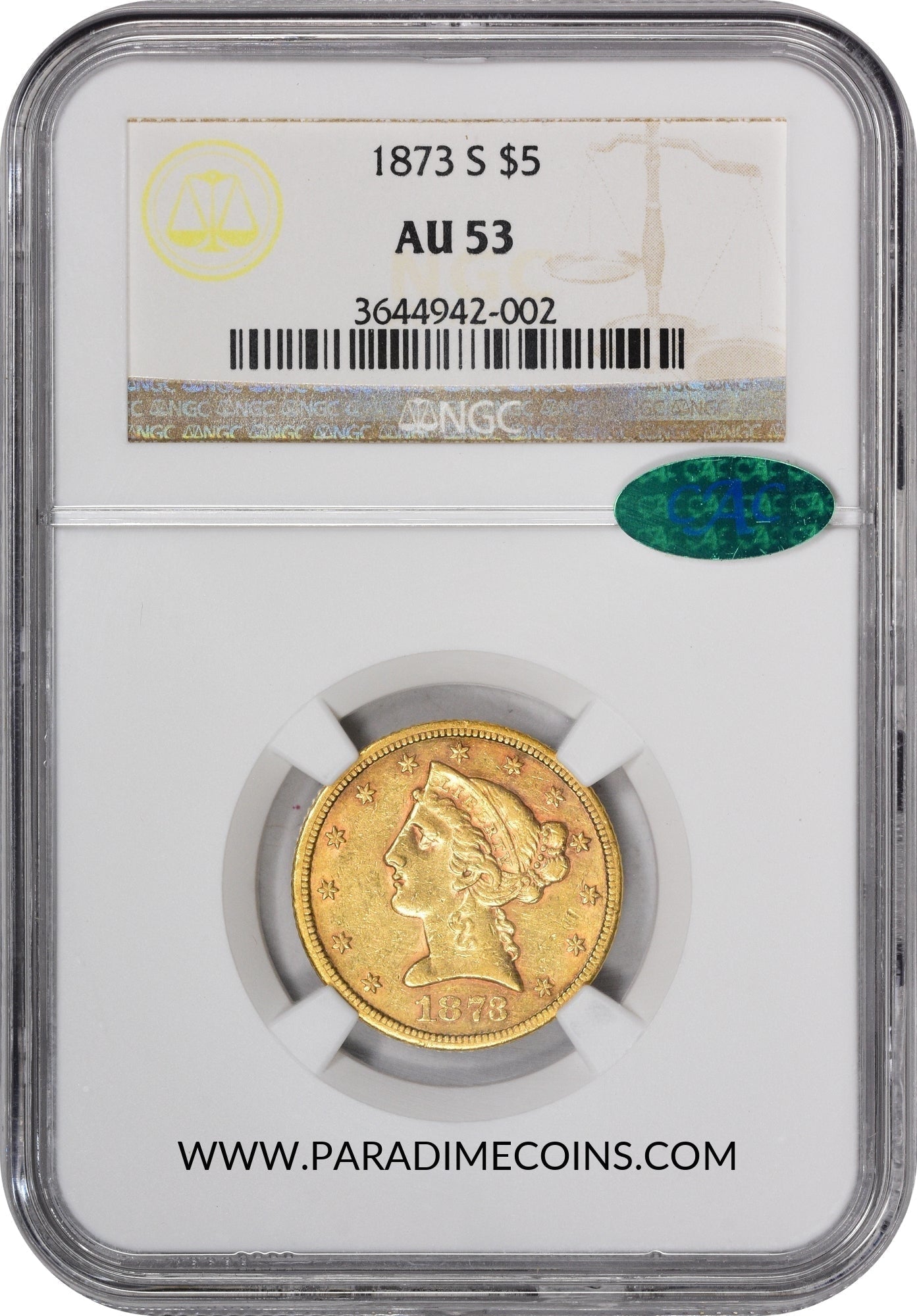 1873-S $5 AU53 NGC CAC - Paradime Coins | PCGS NGC CACG CAC Rare US Numismatic Coins For Sale