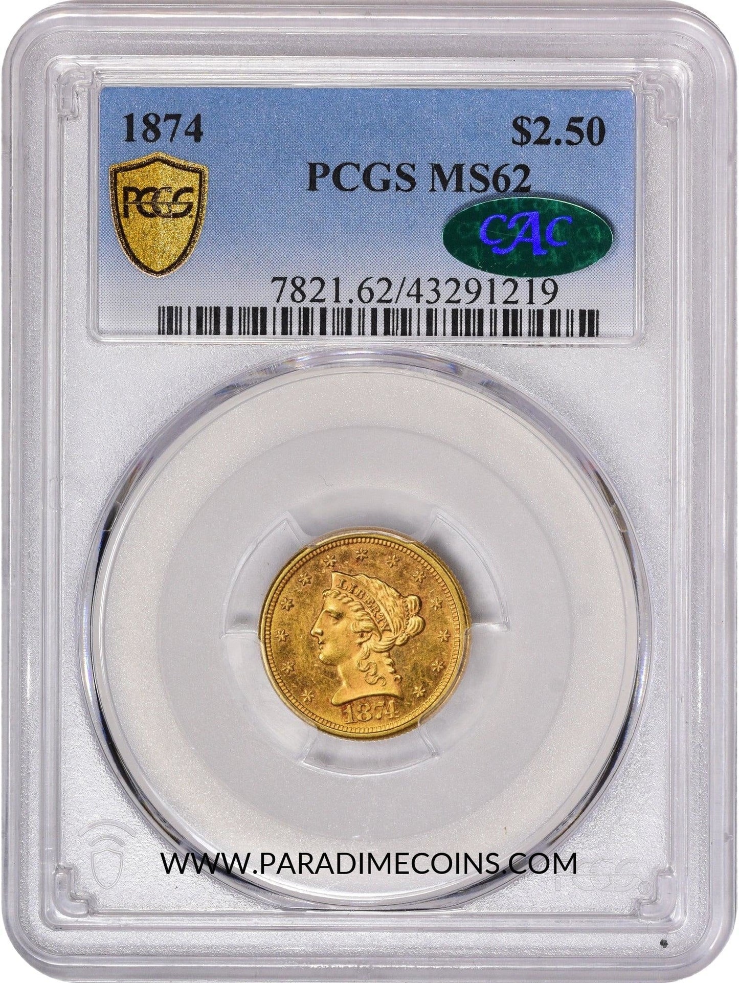 1874 $2.5 MS62 PCGS CAC - Paradime Coins | PCGS NGC CACG CAC Rare US Numismatic Coins For Sale