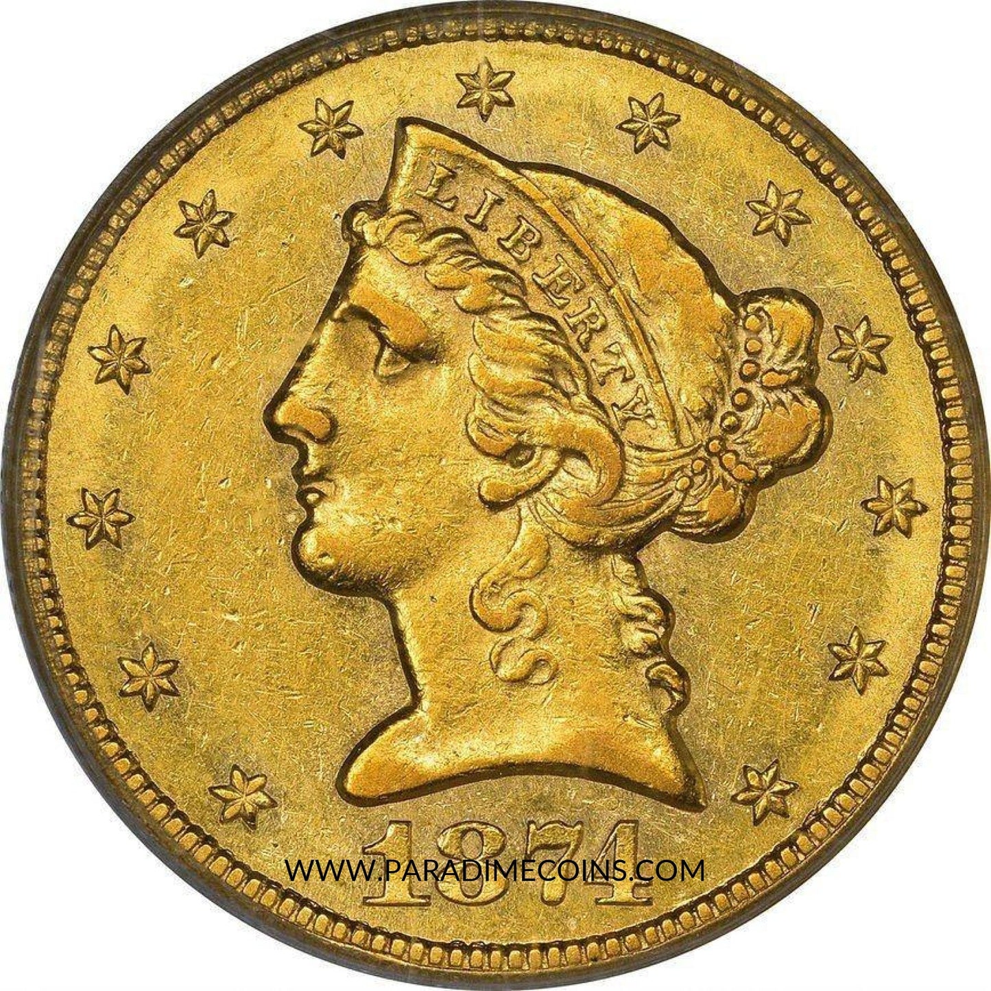 1874-CC $5 AU55+ PCGS CAC - Paradime Coins | PCGS NGC CACG CAC Rare US Numismatic Coins For Sale