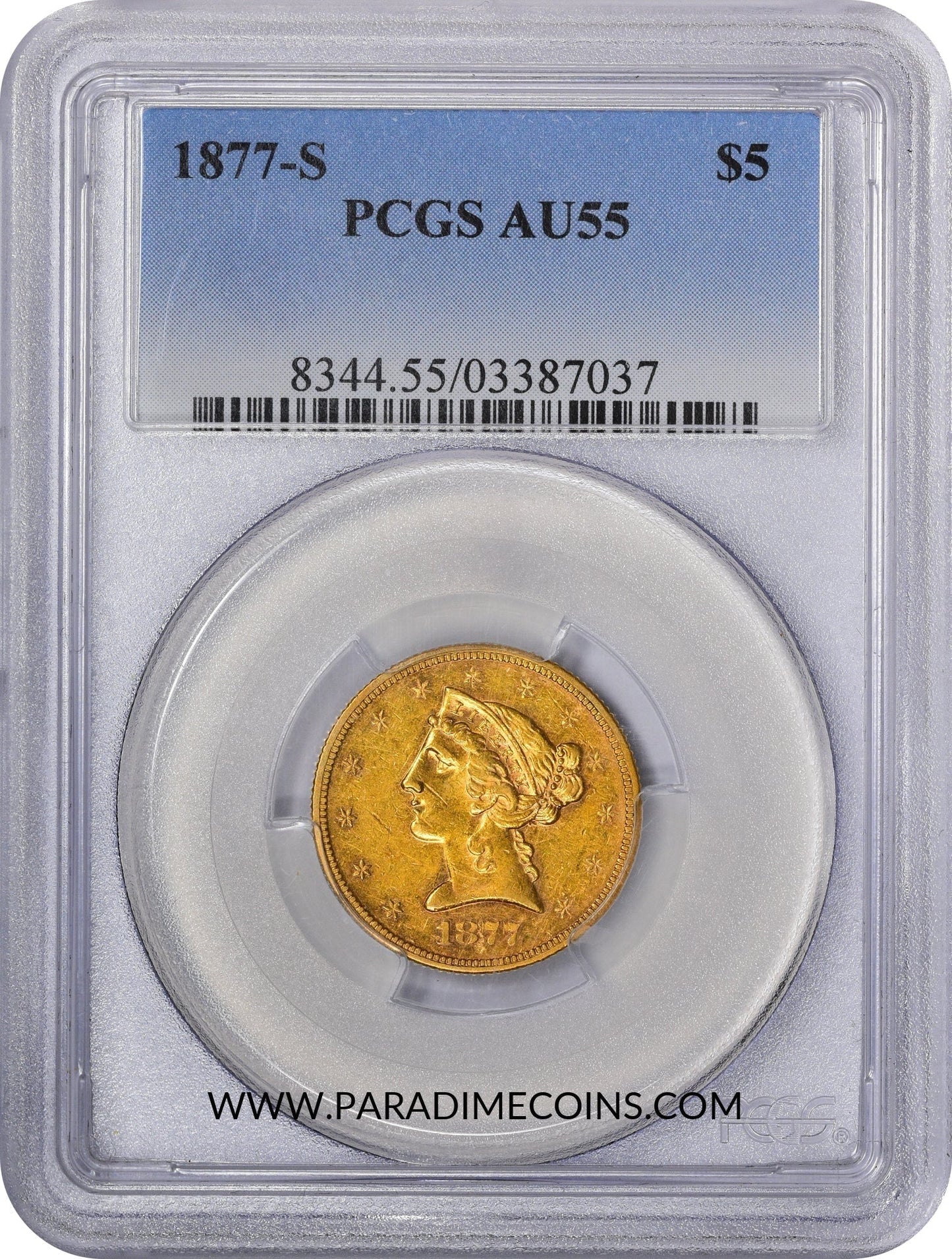 1877-S $5 AU55 PCGS - Paradime Coins | PCGS NGC CACG CAC Rare US Numismatic Coins For Sale