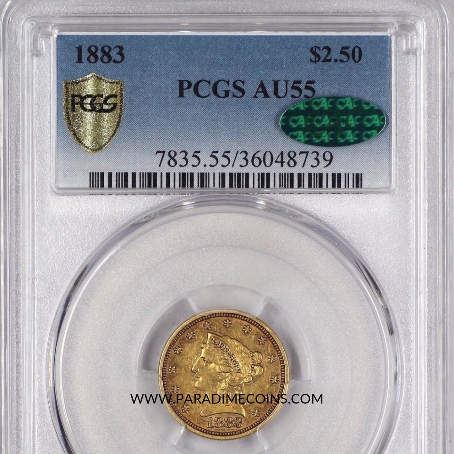 1883 $2.5 AU55 PCGS CAC - Paradime Coins | PCGS NGC CACG CAC Rare US Numismatic Coins For Sale