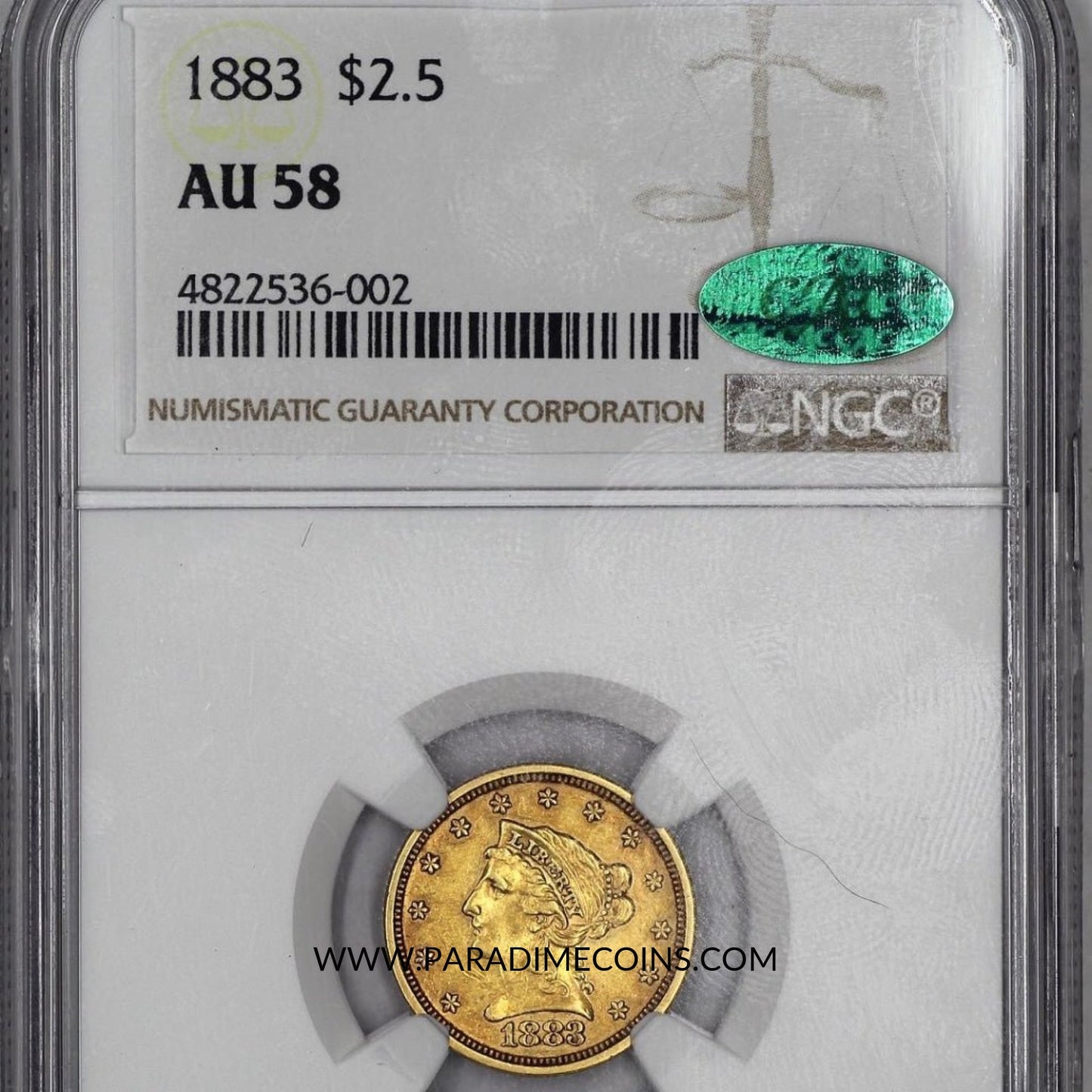 1883 $2.5 AU58 NGC CAC - Paradime Coins | PCGS NGC CACG CAC Rare US Numismatic Coins For Sale